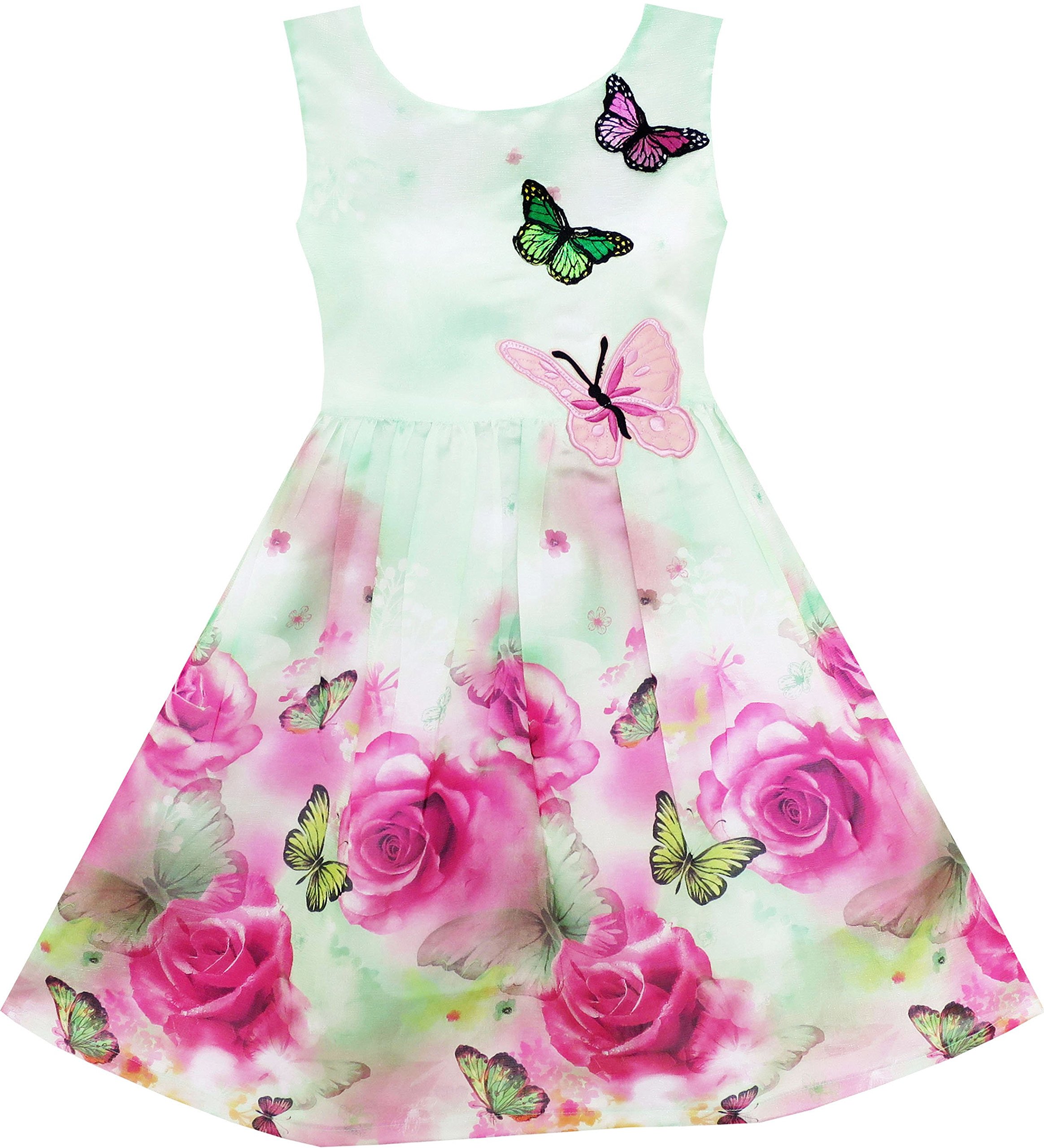 Sunny Fashion Girls Summer Dress with Rose Flower Print and Embroidery - Purple Floral Dress for Kids, Birthday Party, Photo Shoot, and Special Occasions