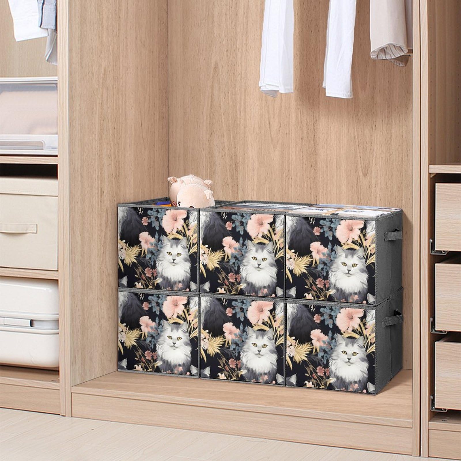 Foldable Storage Cubes with Handles - 6 Pack Cat & Butterfly Pattern Square Bins for Home Organization, Closet, Nursery, Kids Room & Pet Supplies Storage - Perfect for Toys, Books, Laundry & More