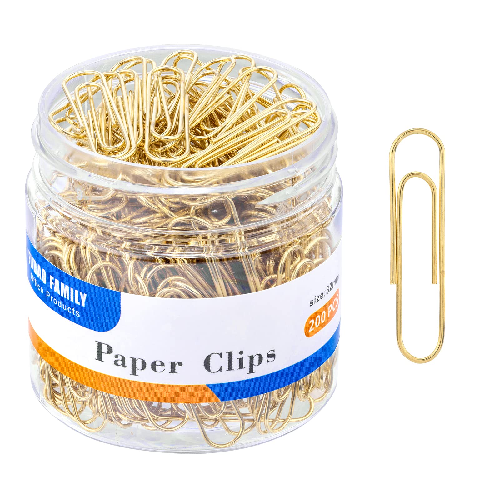 FUDAO FAMILY 200-Count Medium Gold Paper Clips, 1.3 Inch (32mm) Bulk Office Supplies for Organizing Documents, Files, Notes and School Projects