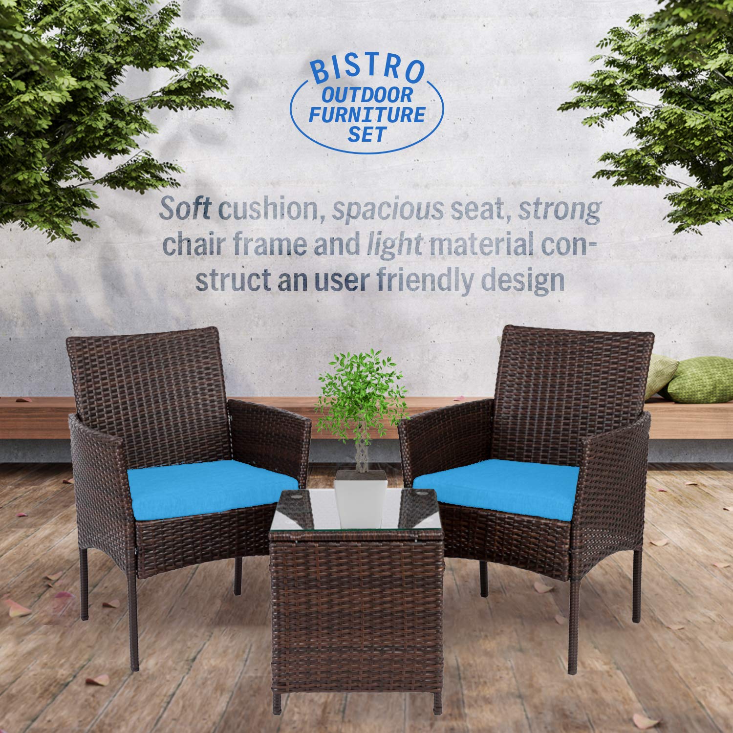Alvino 3-Piece Patio Bistro Set - Modern Wicker Outdoor Furniture with Thick Cushions & Glass Top Coffee Table - Light Blue Rattan Garden Conversation Set for Backyard, Poolside & Balcony Relaxation