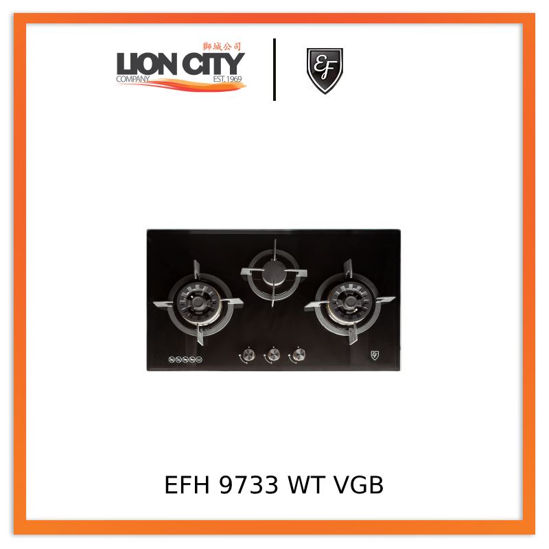 EF EFH 9733 WT VGB 3-Burner Black Tempered Glass Gas Hob - Premium Stainless Steel Gas Stove for Modern Kitchen Cooking, Grilling & Baking