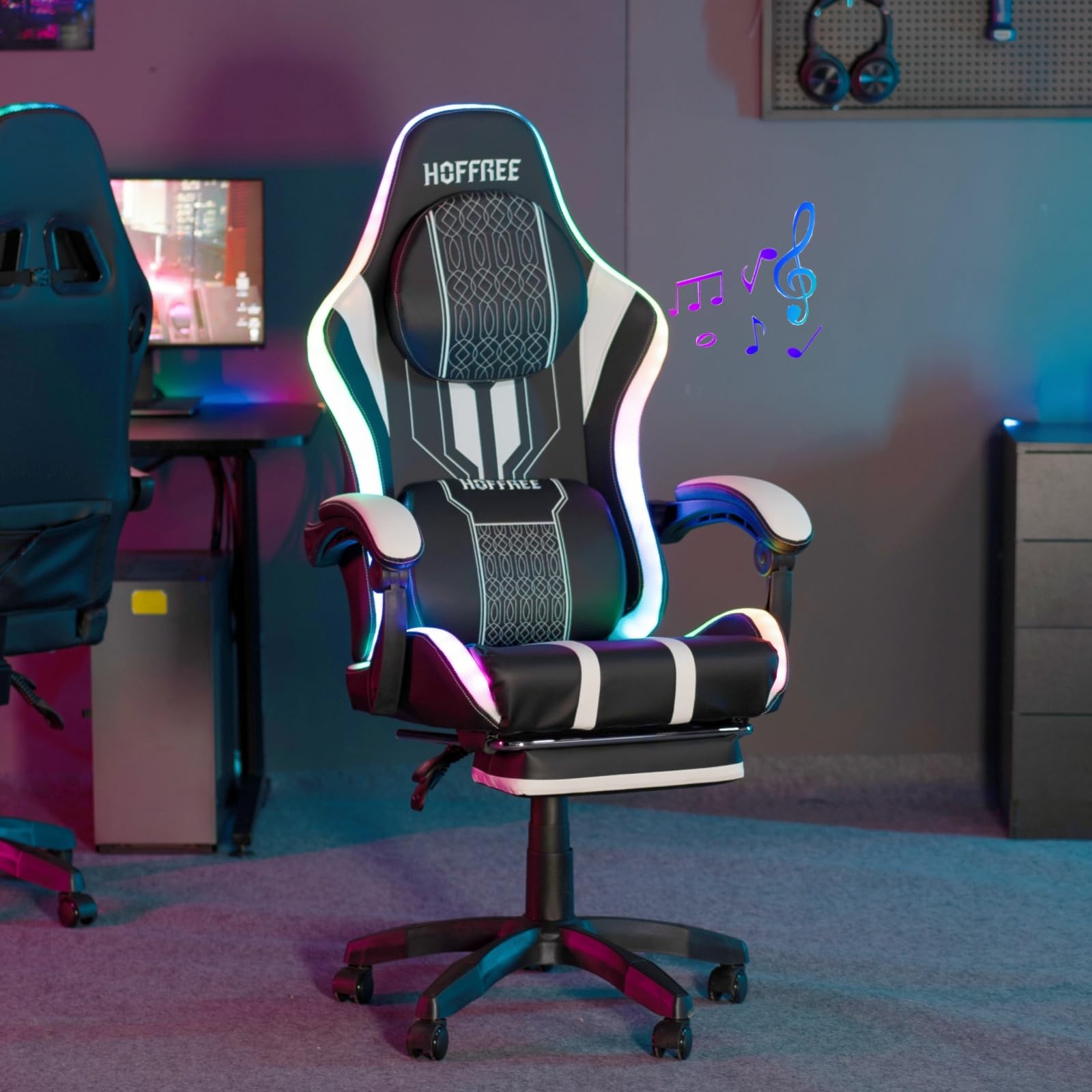 HOFFREE LED Gaming Chair with Massage & Bluetooth Speakers - Ergonomic Big and Tall PC Gaming Chair with Adjustable Footrest - Heavy Duty 400lbs Capacity Computer Desk Chair for Adults (White & Black) - Perfect for Esports, Streaming & Home Office Setup