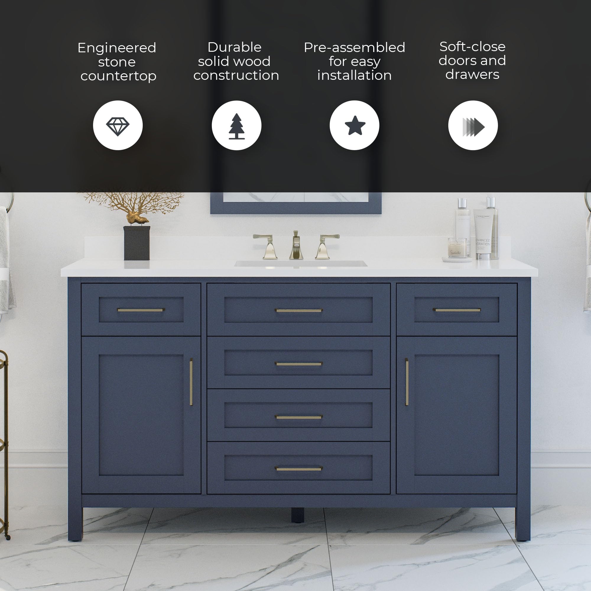 OVE Decors Tahoe II 60-Inch Single Basin Bathroom Vanity in Midnight Blue - Modern Bathroom Storage Solution for Small Spaces