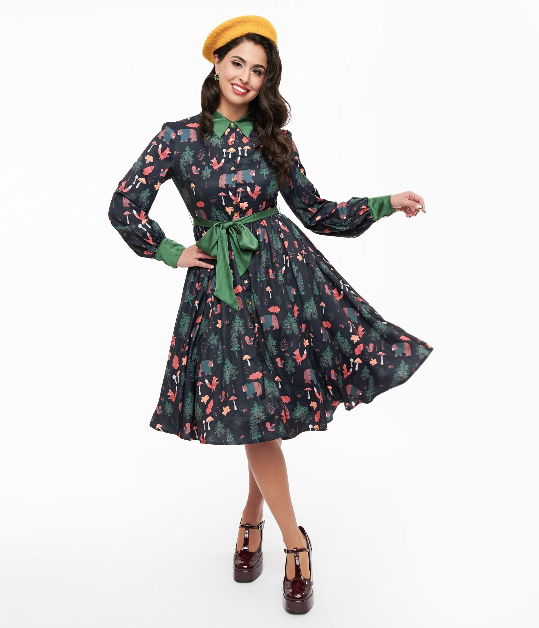 Vintage 1970s Woodland Creature Print Shirt Dress - Retro Floral Animal Pattern Midi Dress for Women, Perfect for Boho Festivals, Casual Outings & Vintage Lover Wardrobe