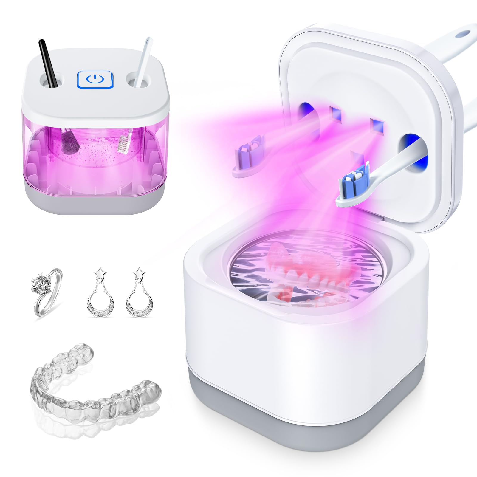 Ultrasonic Retainer Cleaner with UV Light - 45000Hz Dental Appliance Cleaner for Dentures, Aligners, Mouth Guards & Toothbrushes | Jewelry Cleaning Machine with 2 Modes & Timer | Perfect for Daily Oral Care & Jewelry Maintenance