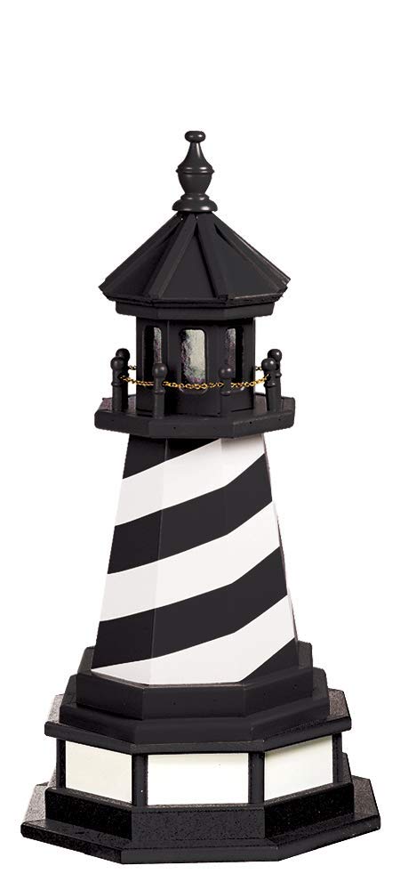 Amish-Made Light Up Wooden Lighthouse - 2' Outdoor Decorative Garden Statue for Cape Hatteras NC, Black & White - Perfect for Coastal Yard Decor & Nighttime Ambiance