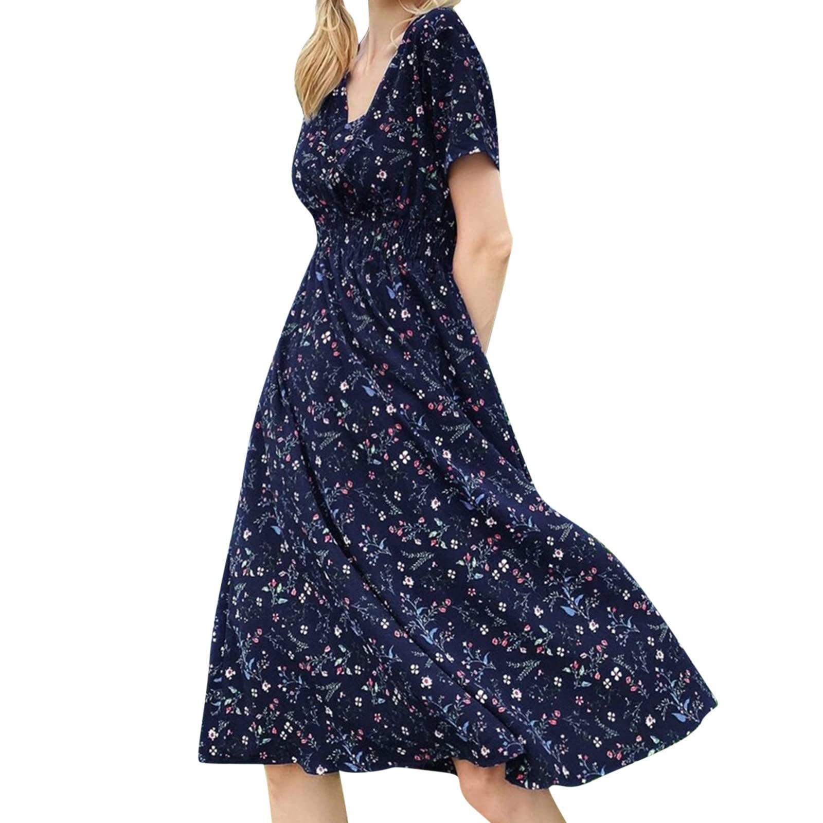 Floral Print Summer Dress for Women - V-Neck Short Sleeve Loose Fit Casual Elegant Lightweight Dress | Perfect for Beach, Vacation, and Everyday Wear