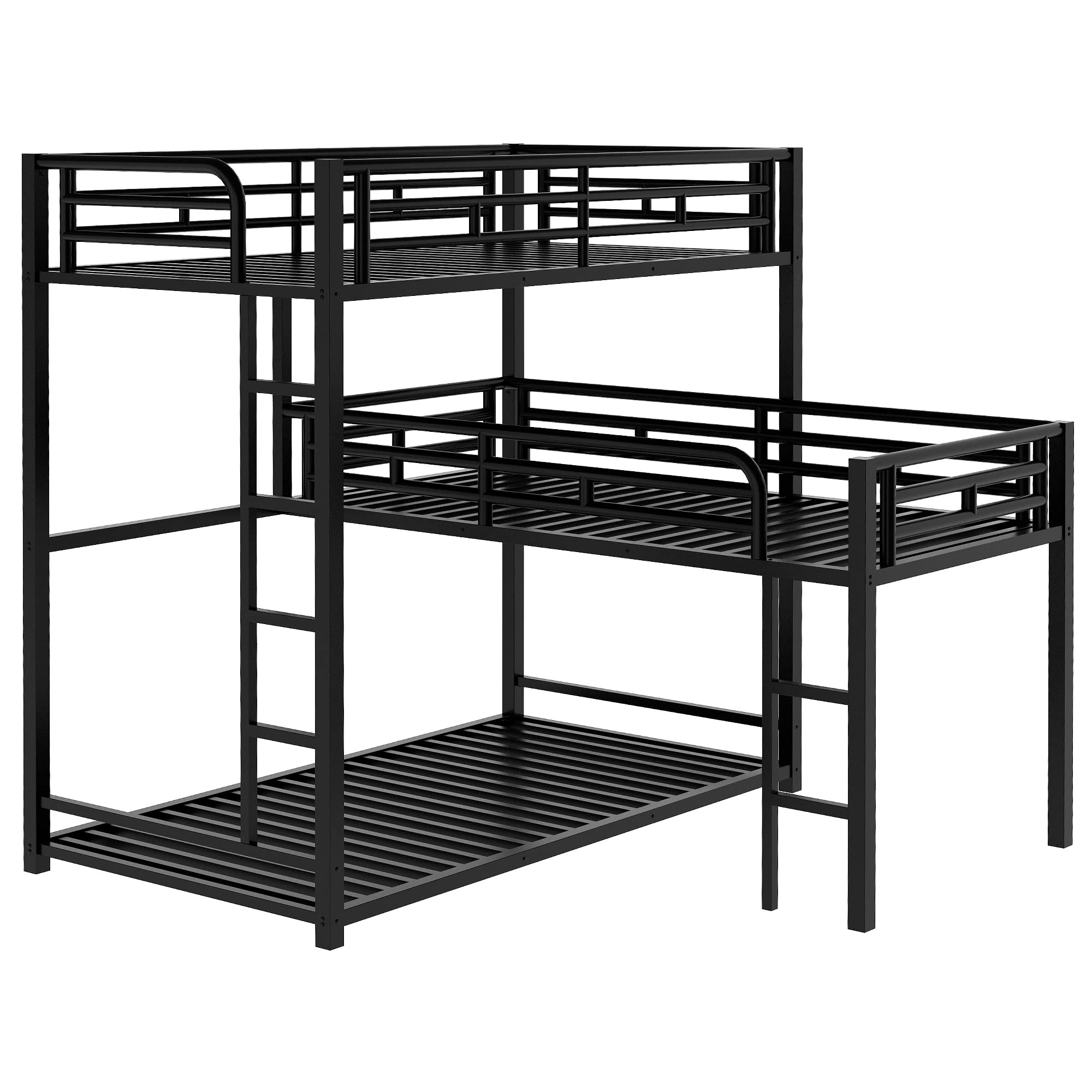 MERITLINE Metal Triple Bunk Bed for Kids & Teens - L-Shaped Twin Over Twin Bunk Bed Frame with Guardrails & Ladder - 3-in-1 Space Saving Bunk Bed for Small Rooms, Dorms, or Shared Kids' Bedrooms - Sturdy Black Metal Bunk Bed for Adults & Children