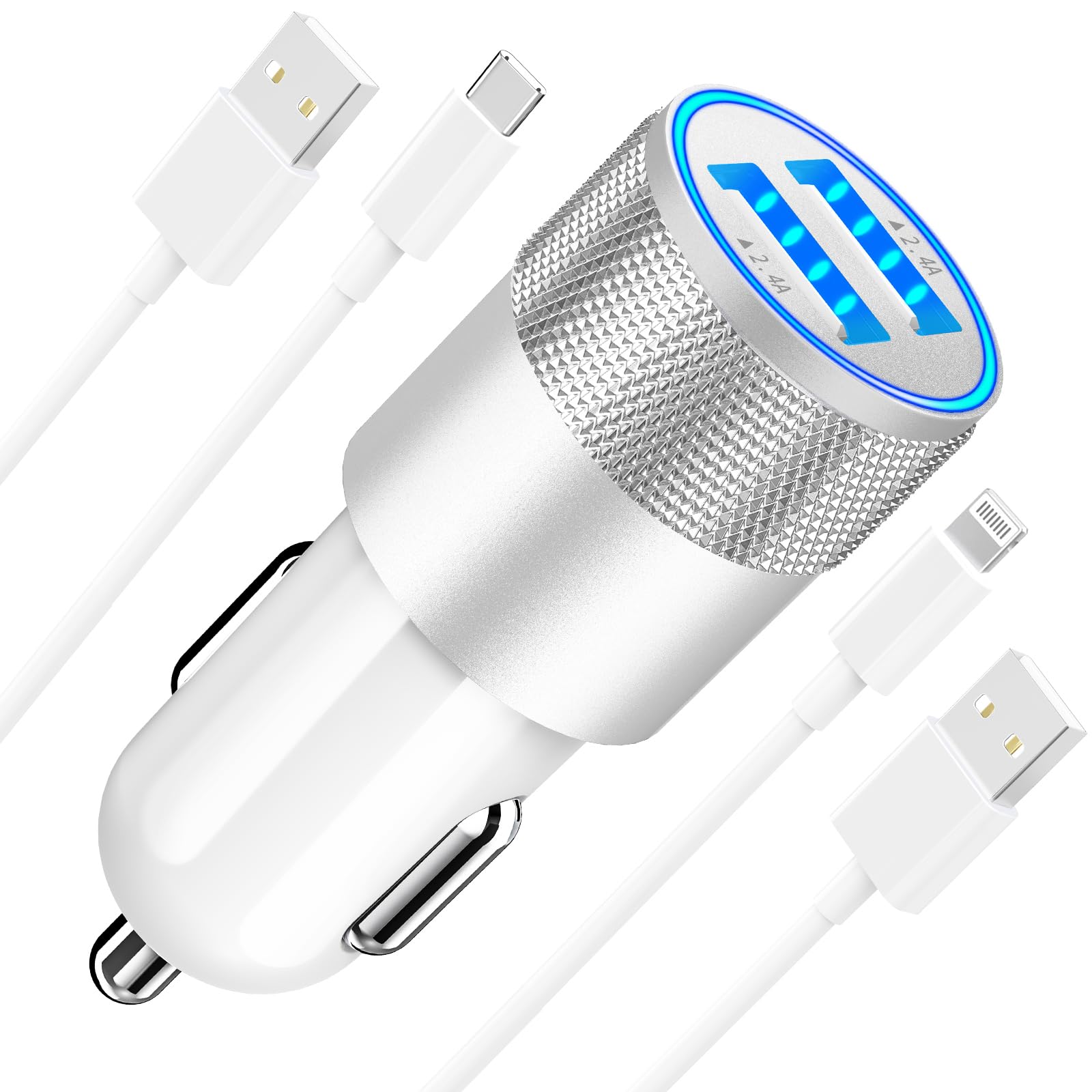 MFi Certified iPhone Fast Car Charger - Braveridge 4.8A Dual USB Car Charger with USB-C & Lightning Cable - Compatible with iPhone 16 Pro/15/14/13/12/11, Galaxy S24/S23, Pixel & iPad - Perfect for Road Trips & Daily Commuting