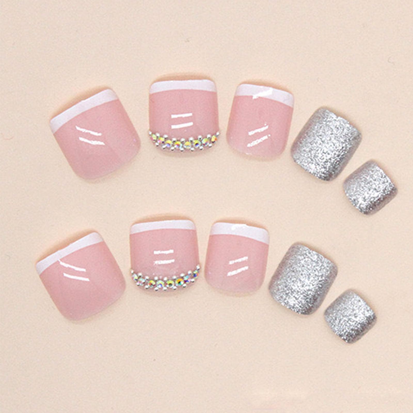 French Tip Press on Toenails - Full Cover Acrylic Fake Toenails with Rhinestone Designs | Glue on False Toenails for Women | Perfect for Pedicures, Summer Sandals & Special Occasions