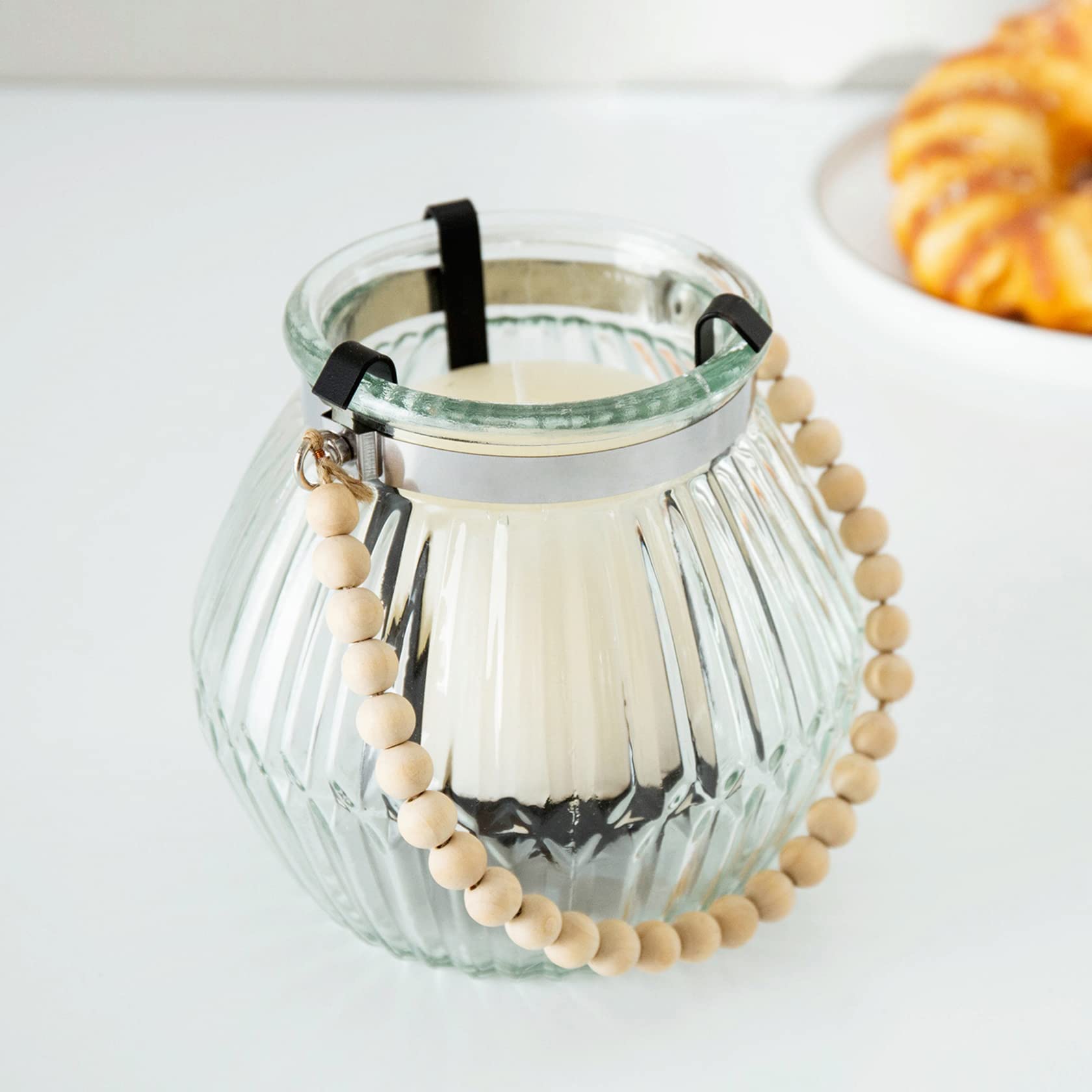 Diamond Star Glass Candle Lantern - Decorative Outdoor Table Lantern with Wooden Bead Handle (Clear) - Perfect for Patio, Garden, Wedding & Home Decor