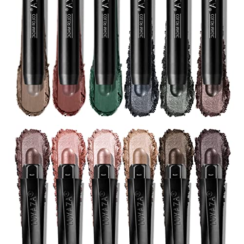 LUXAZA 12 PCS Cream Eyeshadow Stick Set - Matte & Shimmer Neutral Brown Eyeshadow Pencils | Hypoallergenic, Long-Lasting Eye Makeup | Includes Highlighter & Eyeliner with Brush | Perfect for Everyday Wear, Party & Professional Makeup Looks