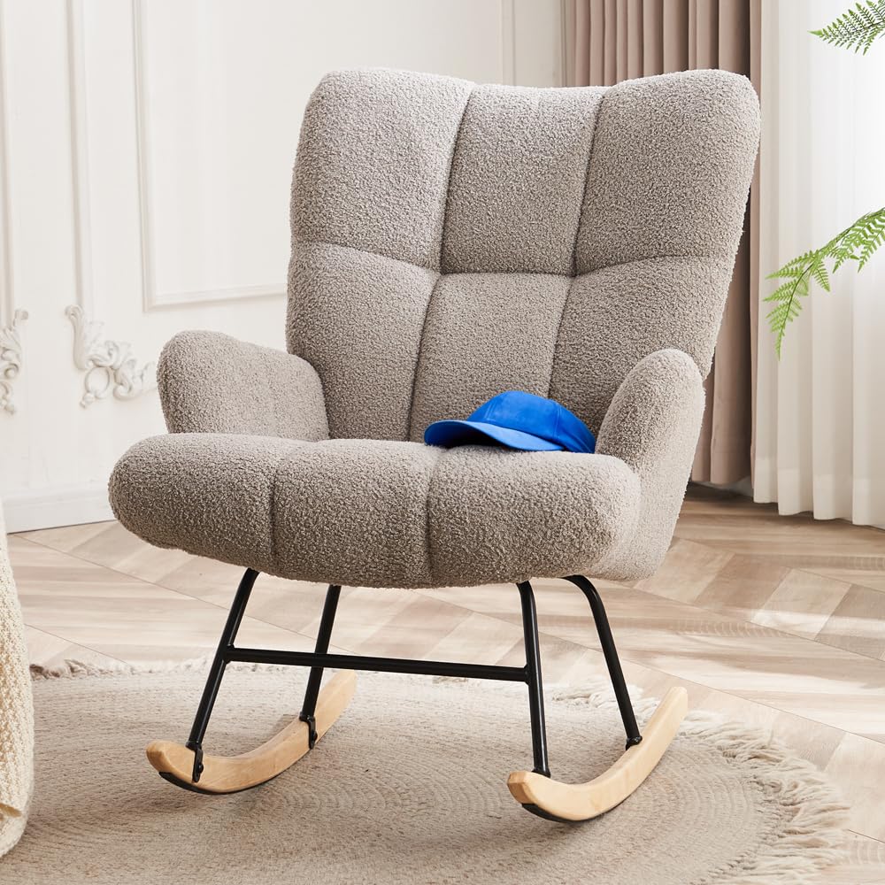 Premium Teddy Upholstered Nursery Rocking Chair - Soft Glider Rocker with Thick Cushion, High Back & Wide Armrests - Modern Accent Chair for Nursery, Bedroom or Living Room - Light Grey Comfort Rocker for Breastfeeding, Reading & Relaxation