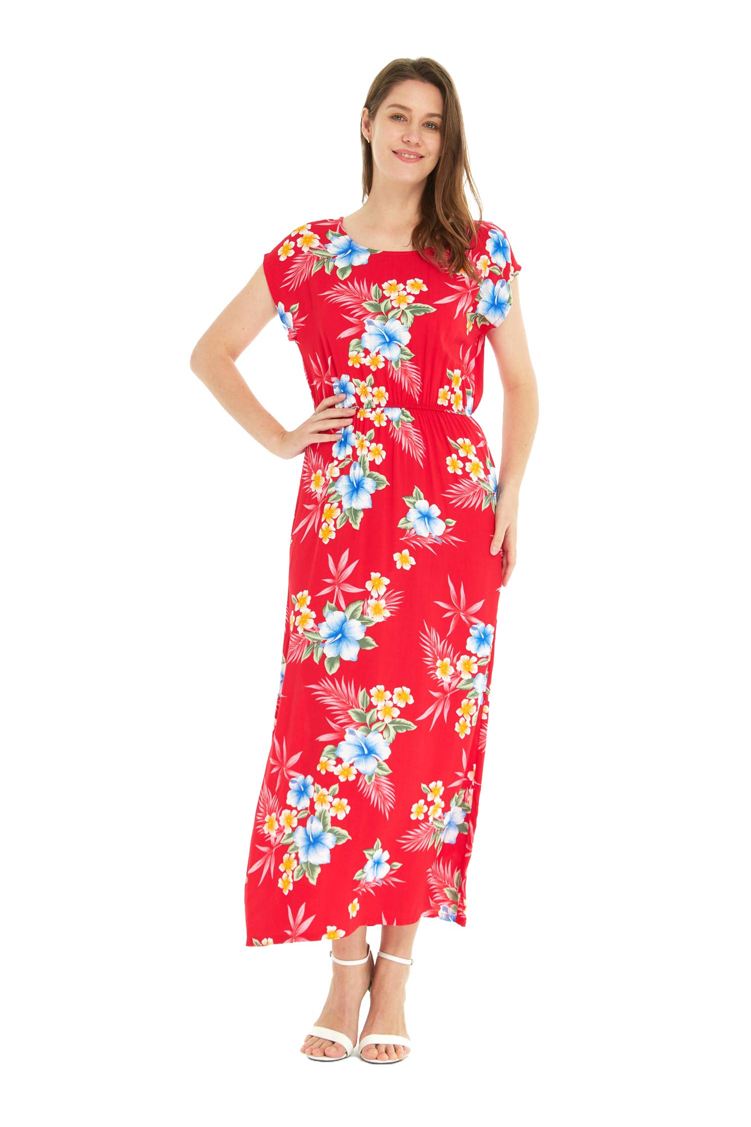 Women's Floral Hawaiian Luau Cap Sleeve Maxi Dress - Tropical Hibiscus Print Beach Party & Summer Vacation Outfit