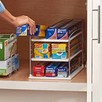 Expandable 3-Tier Plastic Foil Organizer - Stackable Kitchen Cabinet Shelf, Adjustable Wrap Storage Box & Pantry Rack for Countertop - Perfect for Organizing Aluminum Foil, Plastic Wrap, Wax Paper & Ziploc Bags in Kitchen & Pantry
