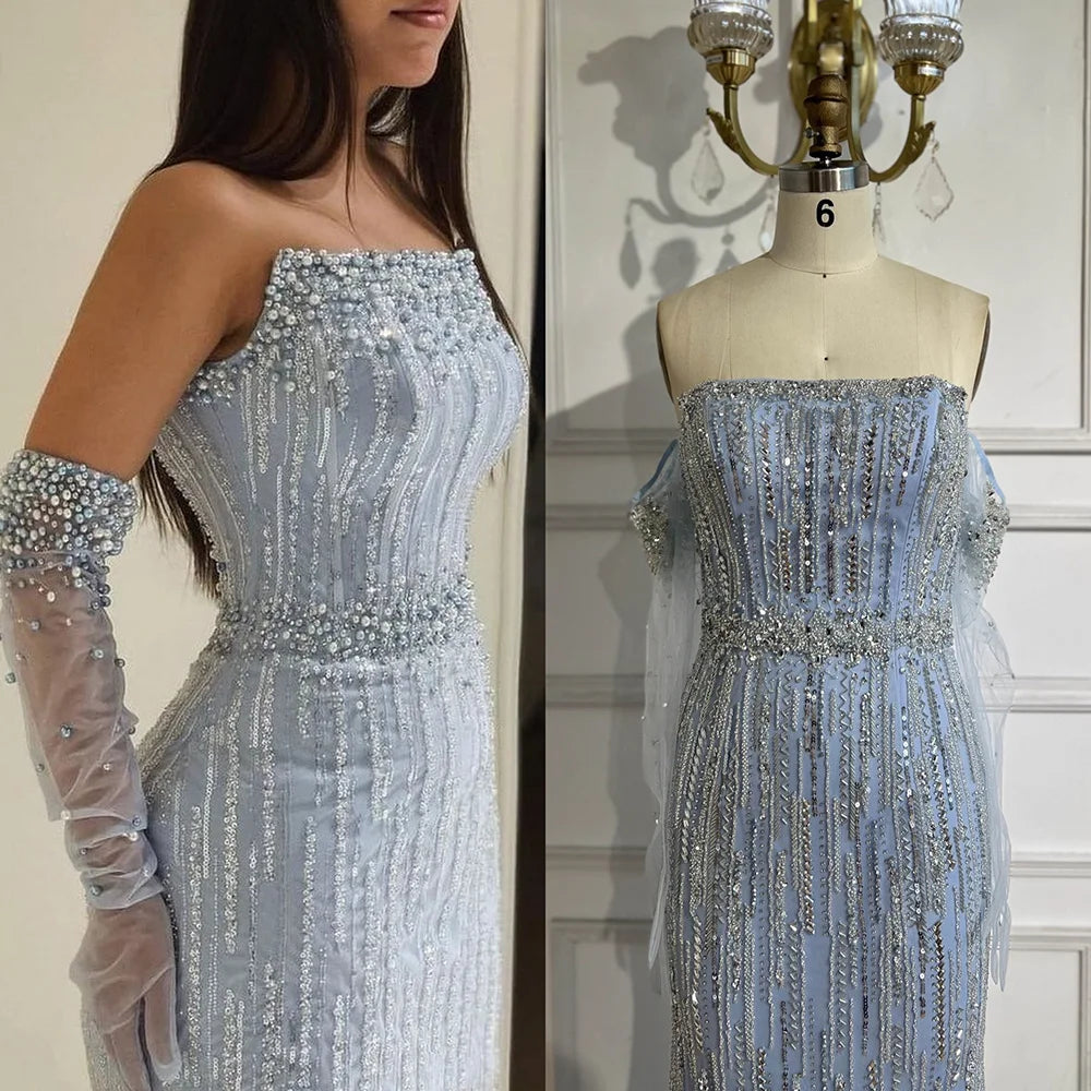 Elegant Light Blue Pearls Luxury Dubai Evening Dress - Strapless Gown LA71950 for Prom, Wedding, and Formal Events
