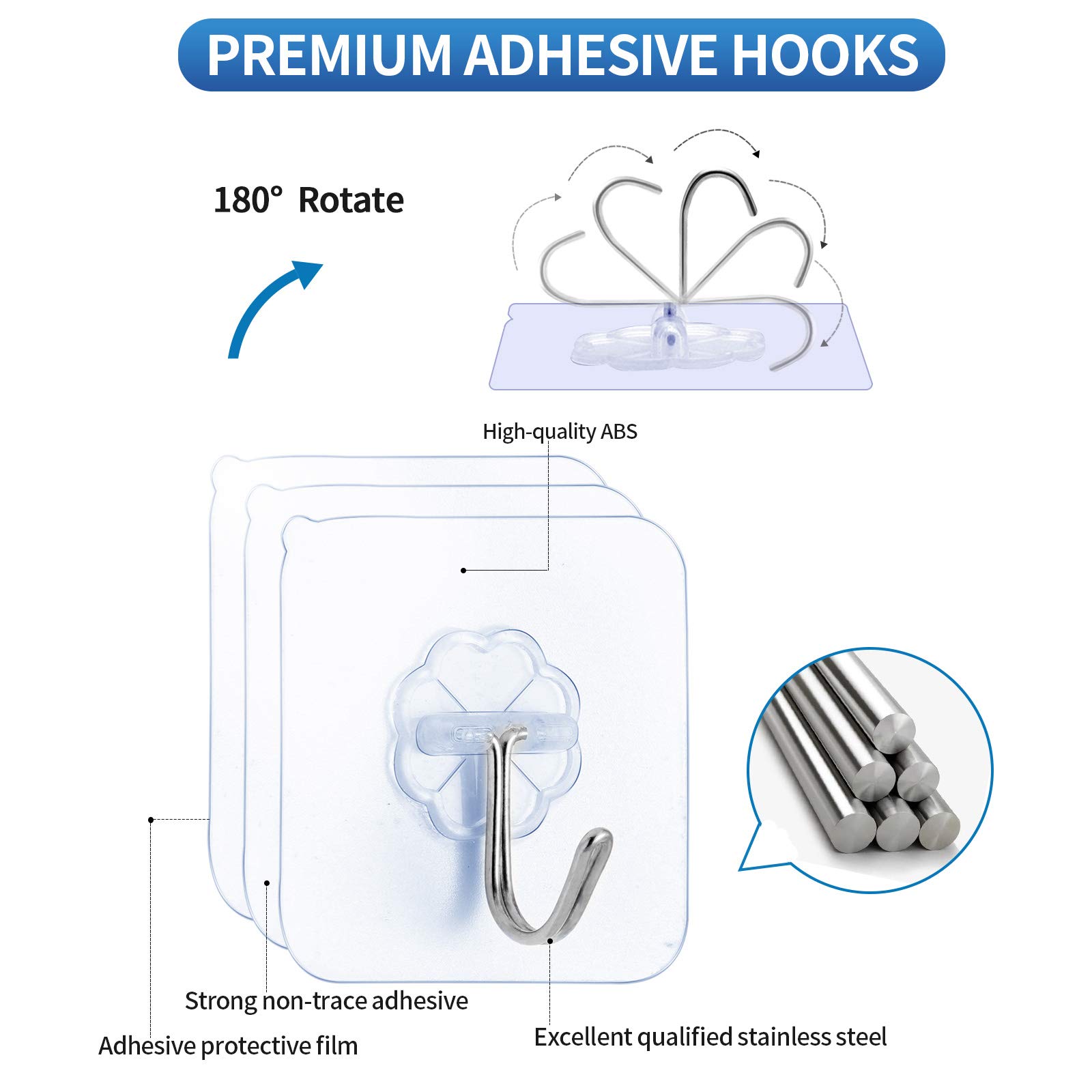 Premium Adhesive Hooks - Heavy Duty 13lb Max Transparent Reusable Wall Hooks with Stainless Steel for Kitchen, Bathroom, Office & Window - 10 Pack - Perfect for Hanging Towels, Utensils, Decor & Organizing Small Items