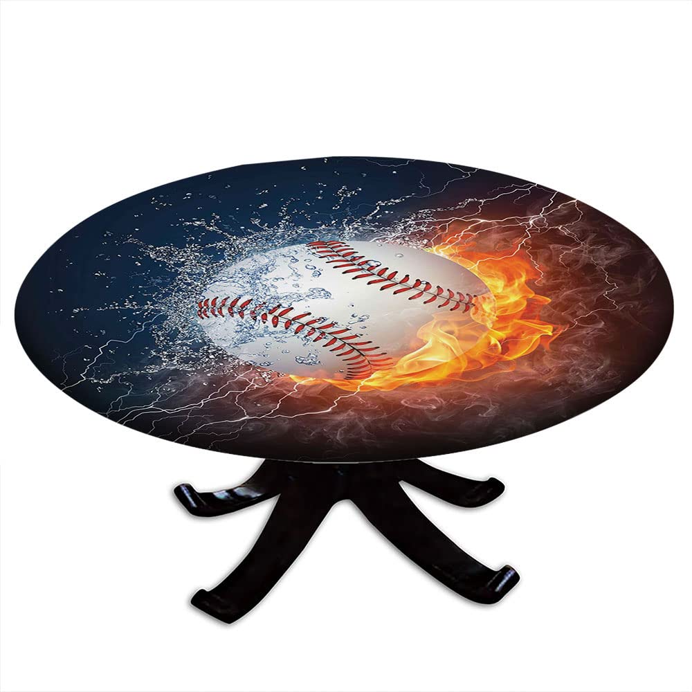 Elastic Edge Sports Round Tablecloth - Baseball & Water Splash Print - Fits 44 Inch Dining Table - Dark Blue & Burgundy - Perfect for Parties, BBQs, Camping & Game Day Decorations
