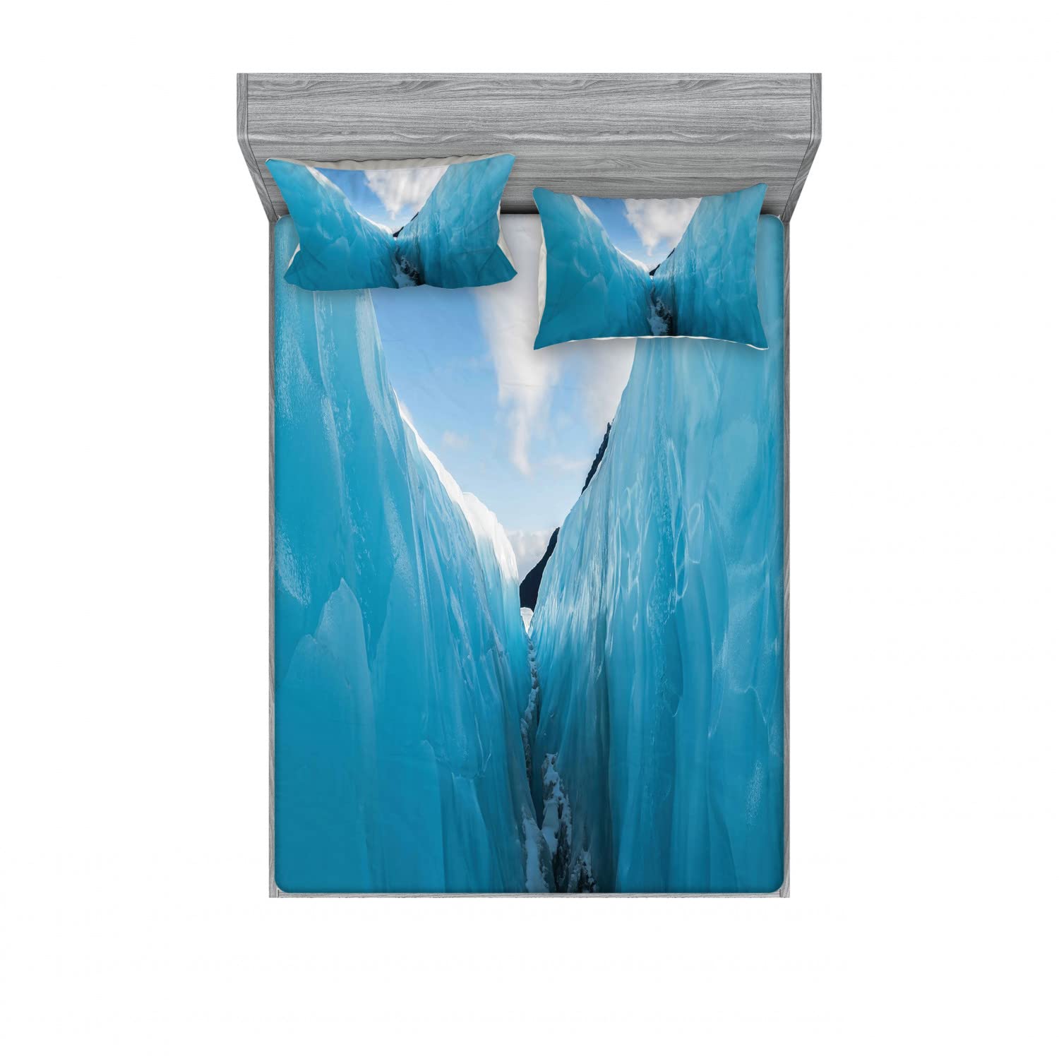 Ambesonne Winter 2-Pack Queen Size Fitted Sheet & Pillow Sham Set - Frozen Ice Mountains Design - 4 Piece Bedding Decor (2 Fitted Sheets + 4 Pillow Covers) - White and Blue - Cozy Winter Bedroom Upgrade for Cold Nights
