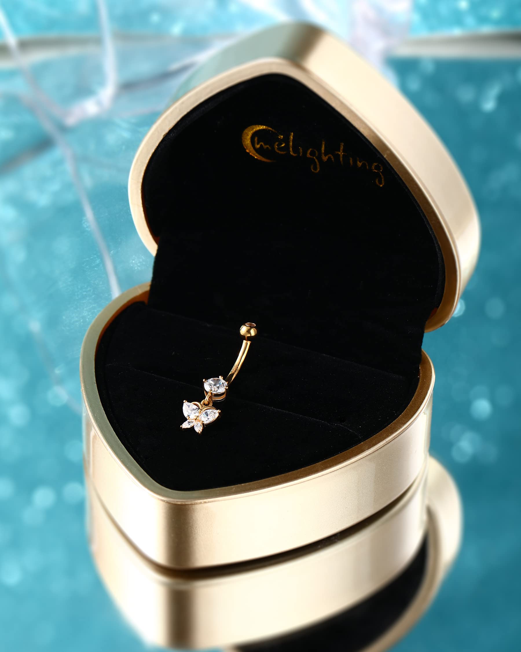 14K Solid Gold Butterfly Belly Button Rings for Women - Dangle Navel Piercing Jewelry with Clear CZ Stones - Elegant Body Jewelry for Parties, Beach & Everyday Wear