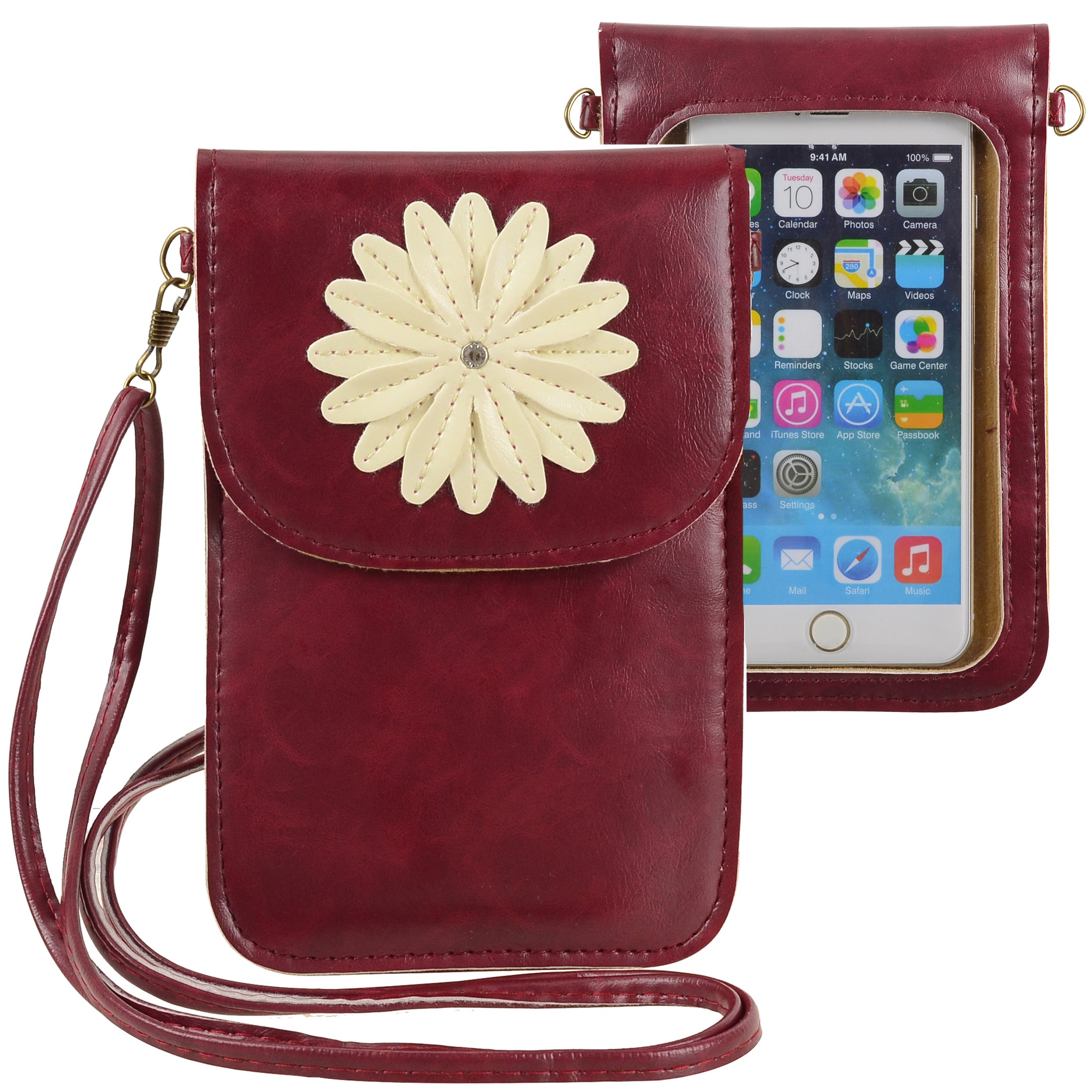 Burgundy Red Crossbody Phone Pouch with Clear Touchscreen Window - Compatible with iPhone 14/13/12, Samsung Galaxy up to 6.4