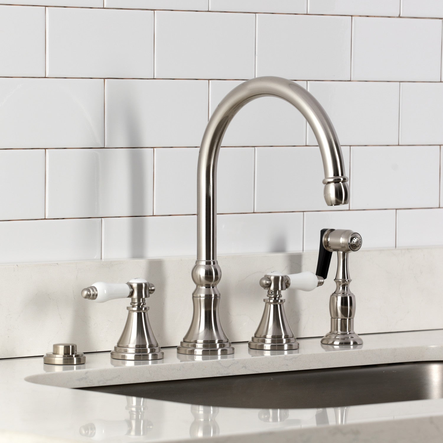 Bel Air KS2798BPLBS Brushed Nickel Double Handle 4-Hole Widespread Kitchen Faucet with Brass Sprayer - Perfect for Modern Farmhouse & Traditional Kitchen Sinks