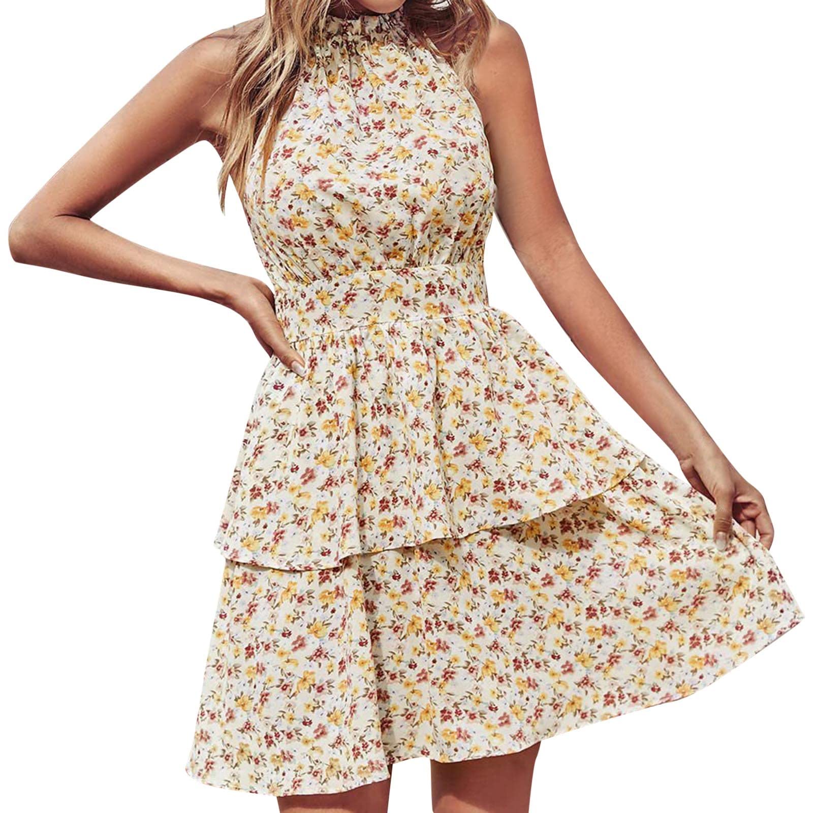Sexy Summer Dresses for Women - Boho Floral Sundress with Sleeveless Halter Neck & Elastic Waist | Perfect for Beach Vacations, Pool Parties and Summer Date Nights