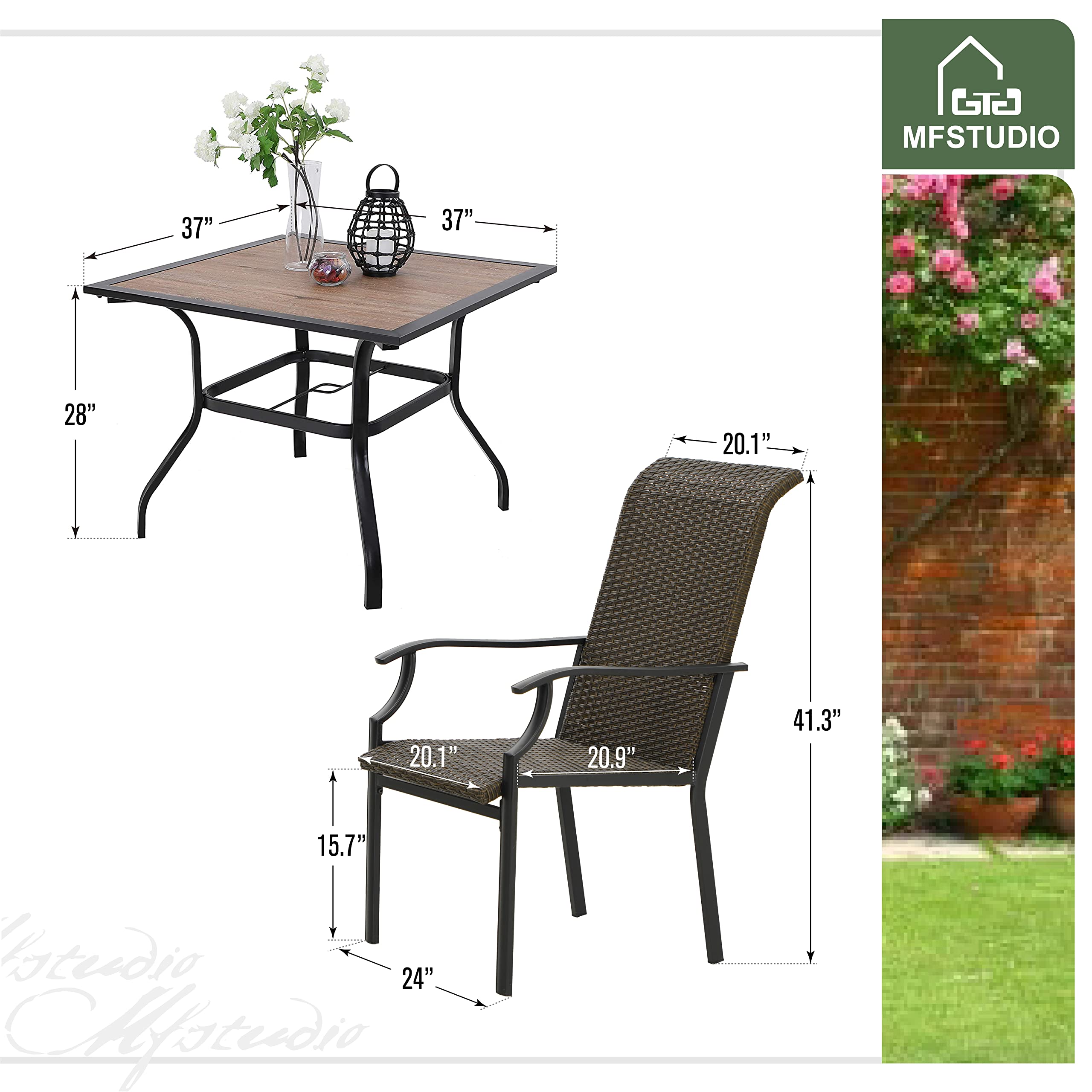 MFSTUDIO 5-Piece Outdoor Patio Dining Set - Square Wood-Like Table with 4 Rattan Wicker Chairs, Umbrella Hole Included - Perfect for Backyard, Garden, Poolside & Outdoor Entertaining