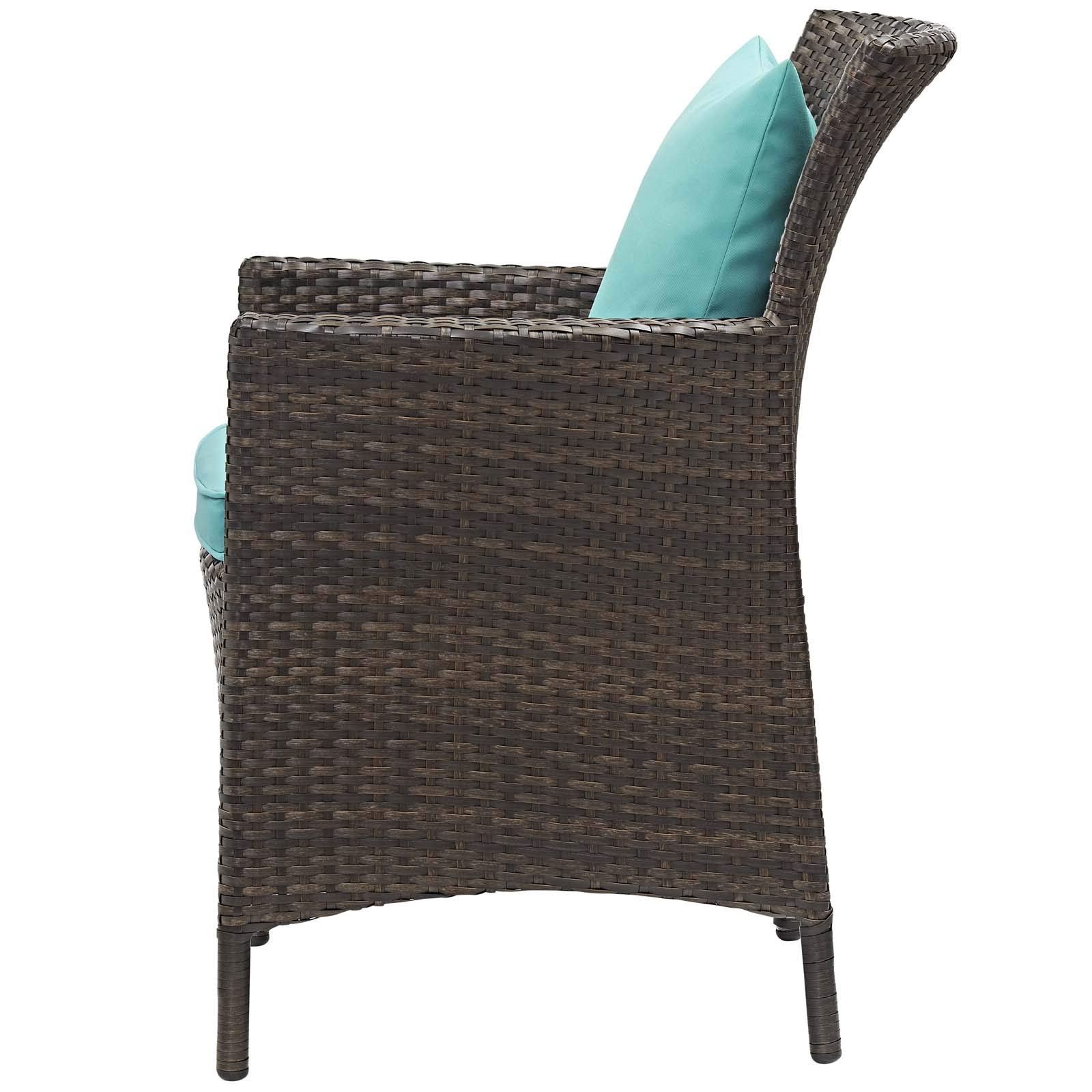 Modern Contemporary Outdoor Patio Dining Chair - Rattan Wicker Armchair for Balcony, Side Seating - Blue & Brown - Perfect for Garden, Poolside, and Backyard Relaxation