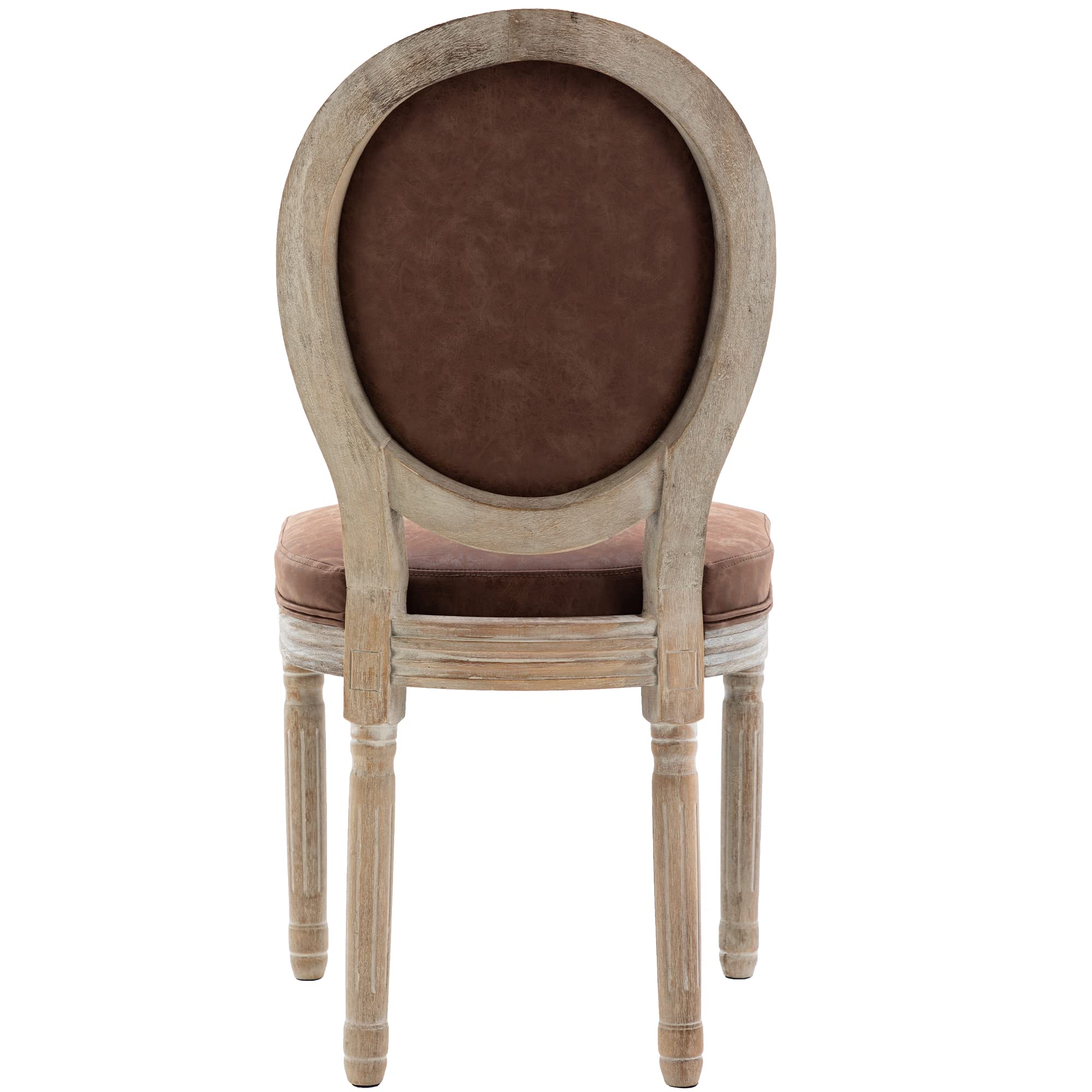 Farmhouse Style Leather Dining Chairs Set of 4 - French Country Round Back Bistro Chairs with Wooden Legs for Dining Room, Kitchen, Living Room or Restaurant - Brown Leather Seats for Home Decor & Commercial Use
