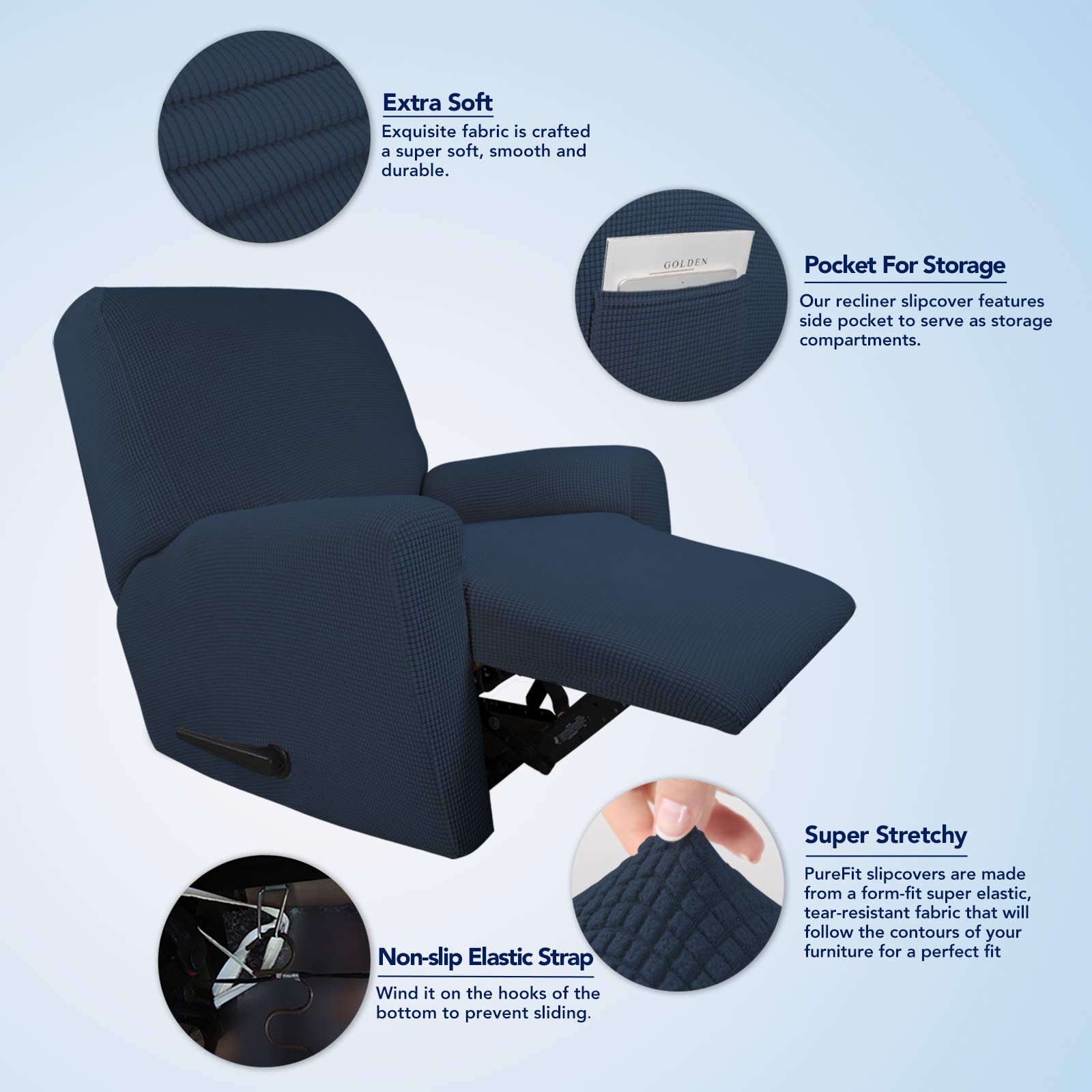 PureFit Stretch Recliner Sofa Slipcover with Pocket - Spandex Jacquard Non-Slip Sofa Cover, Washable Elastic Furniture Protector for Kids & Pets (Dark Blue) - Perfect for Living Room, Home Theater & Nursery Protection