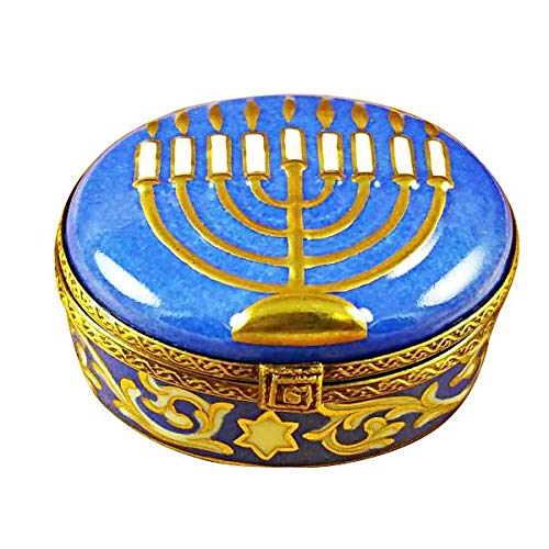 Authentic Limoges Porcelain Menorah Blue Figurine Box - Handcrafted in France - Perfect for Hanukkah Decor & Collectible Gifts