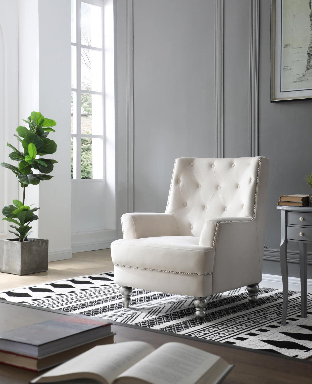 Glory Furniture Pamona Accent Wing Chair - Ivory Upholstered Lounge Chair for Living Room, Bedroom & Office | Comfortable Reading Chair with Classic Design