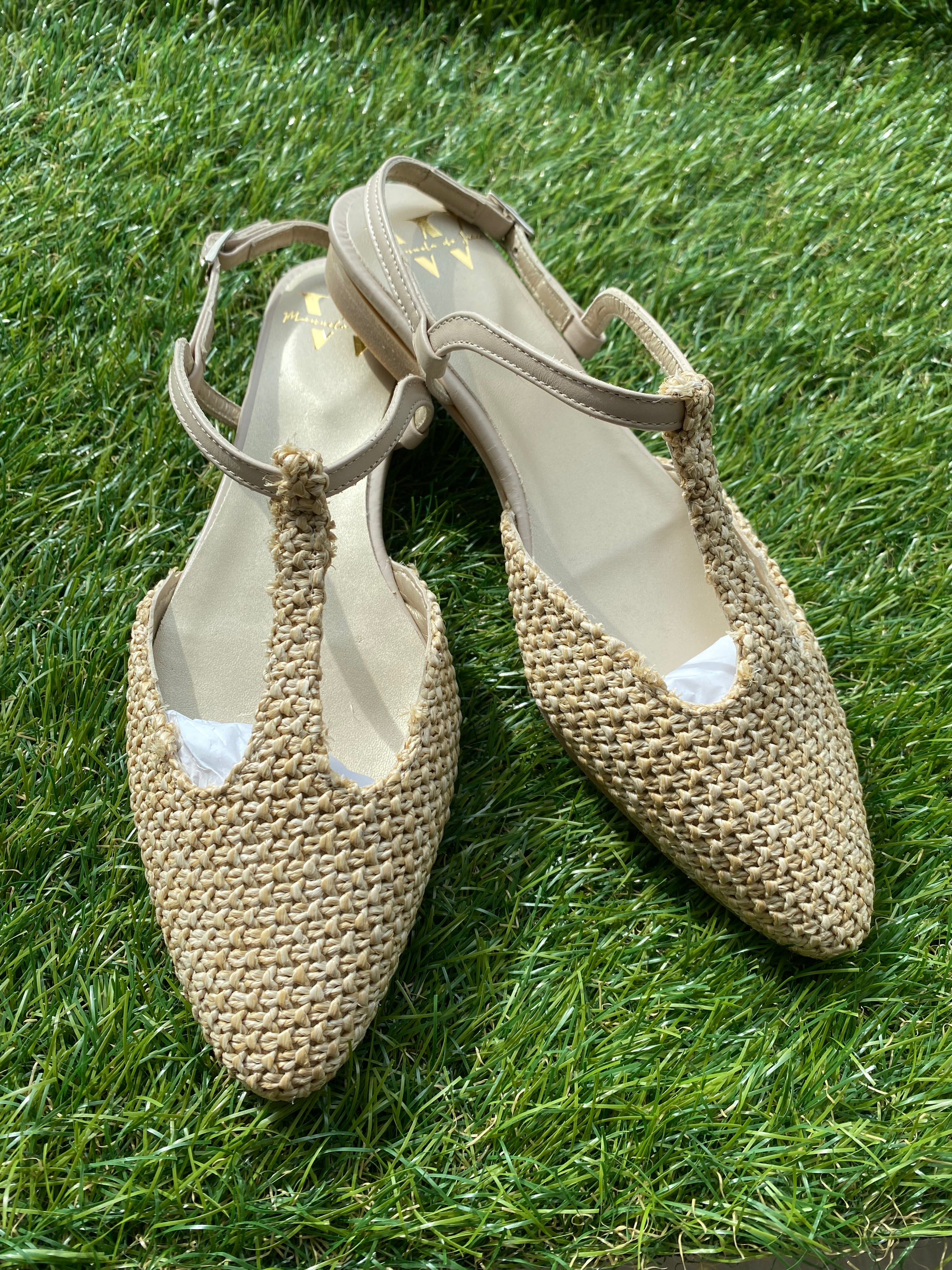 Manuela Beige Crochet Pointed T Strap Sandals for Women - Comfortable Summer Beach Wedding Shoes | Perfect for Outdoor Parties, Vacations, and Casual Wear
