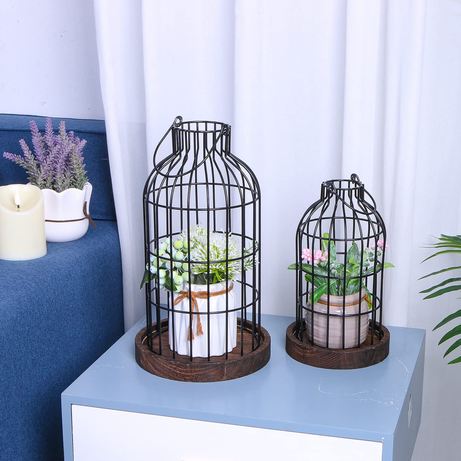 Modern Farmhouse Decor Candle Holder with Electronic Candle - Rustic Metal Lantern & Wire Cloche Set for Home, Living Room, Dining Table, Mantel, Fireplace | Perfect for Cozy Evenings, Romantic Dinners & Holiday Decorations