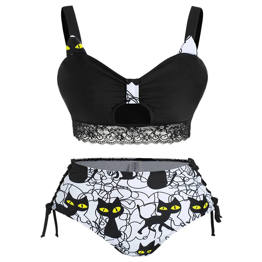 Sexy Push Up Bikini Set - High Waist Lace-Up Tankini with Cat Print & Padded Cups for Women | Black XXX-Large | Perfect for Beach Vacations, Pool Parties & Summer Getaways