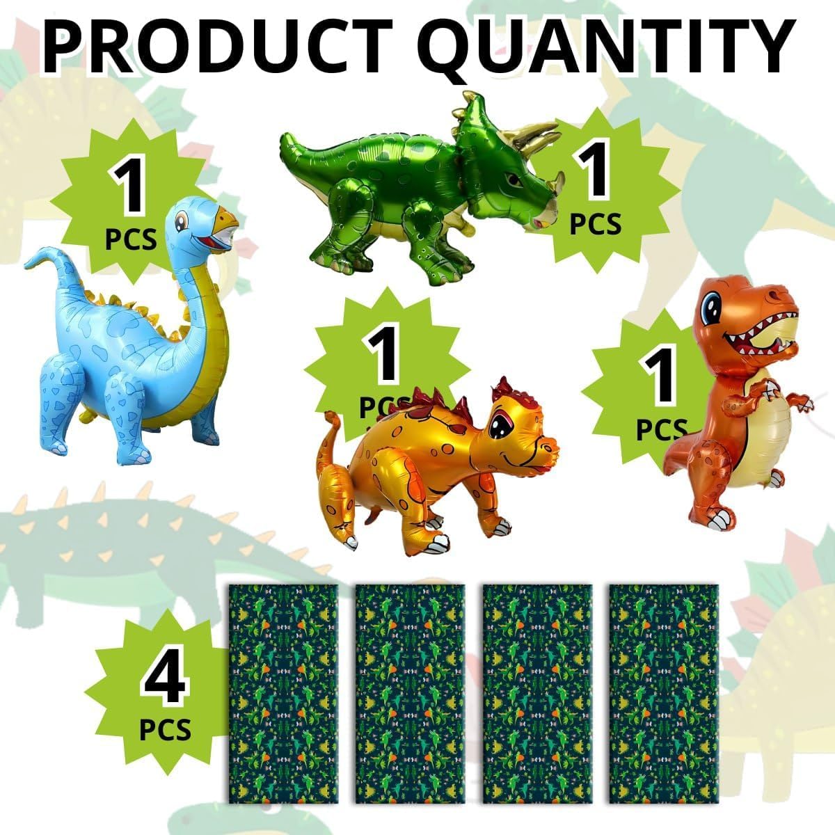 Dinosaur Birthday Party Supplies Set - 4 Green Dinosaur Tablecloths & 4 Blue Dino Foil Balloons for Kids Birthday Decorations | Perfect for Jurassic Themed Parties, Baby Showers & Classroom Celebrations