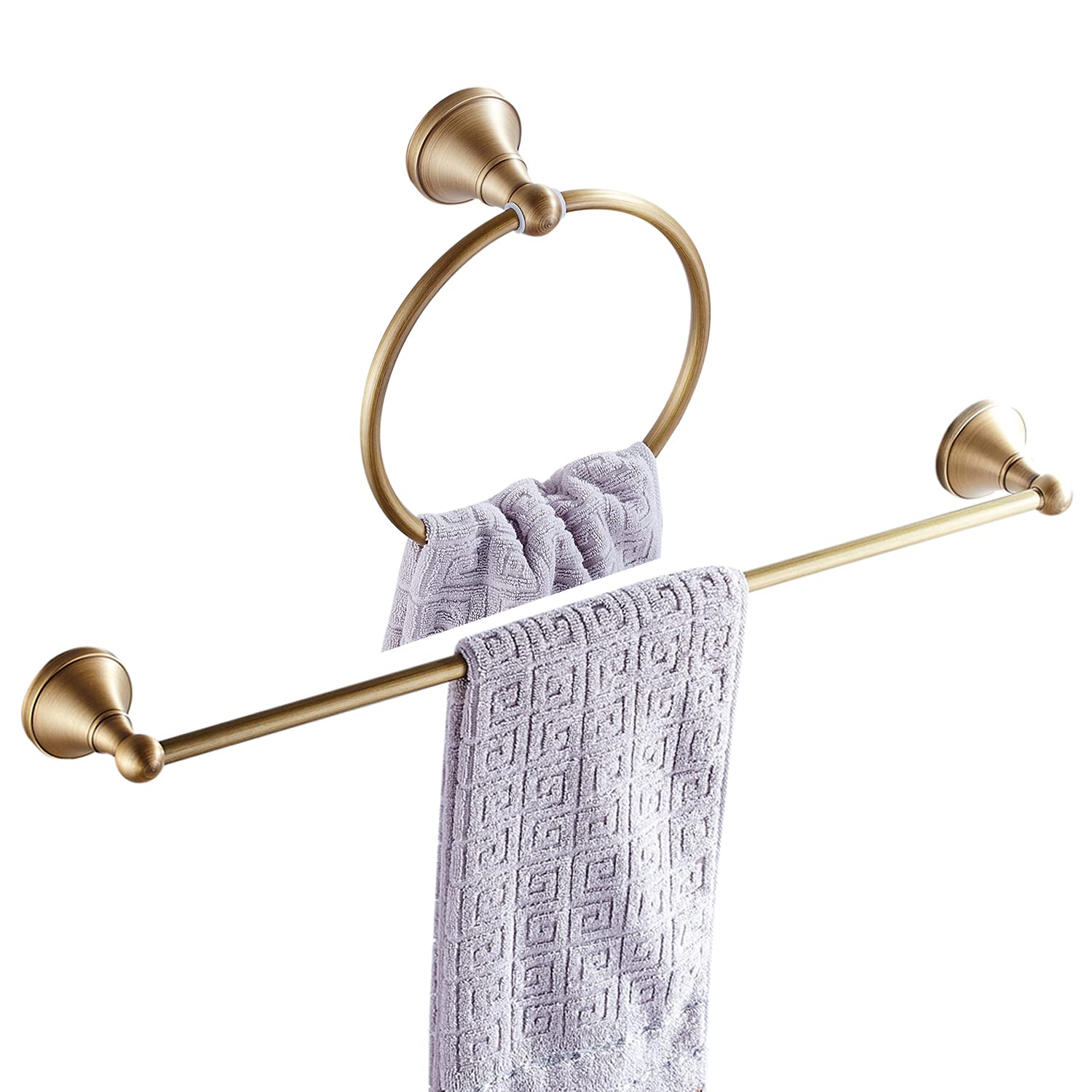 Antique Brass Towel Bar Set with Hand Towel Ring - Wall Mounted Bathroom Towel Holder for Bath, Shower, and Powder Room Decor