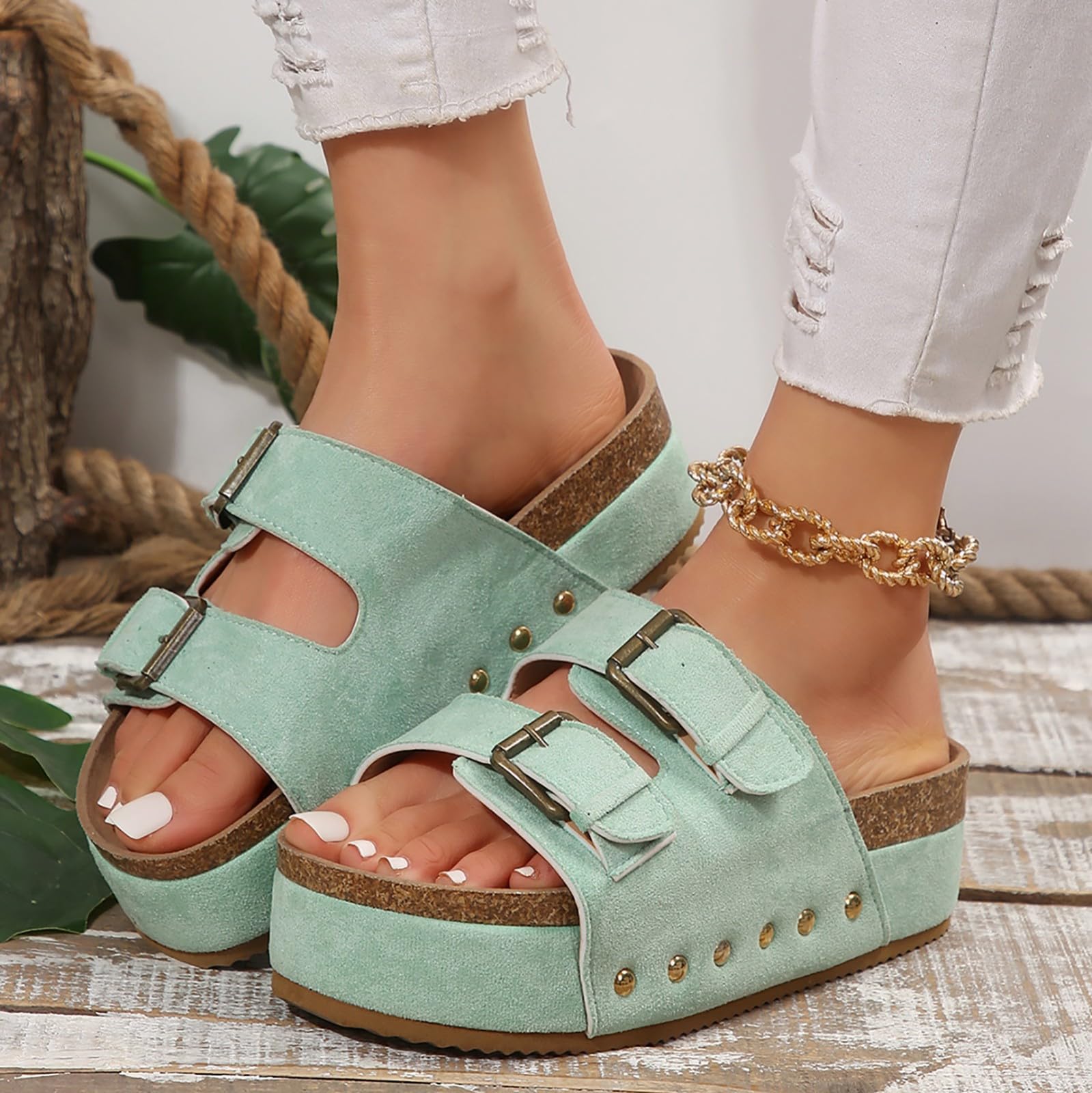 Women's Leather Wedge Sandals with Open Toe & Foam Insole - Comfortable Platform Sandals with Adjustable Straps - Lightweight Summer Footwear for Casual Outings, Beach Trips, and Date Nights