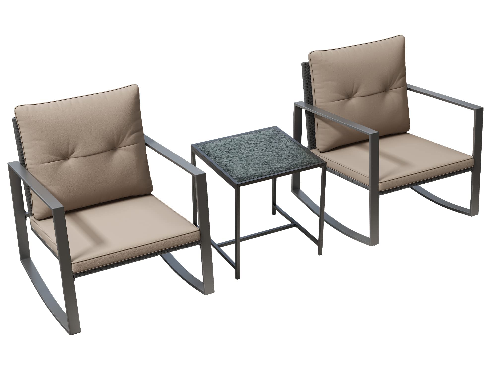 3-Piece Rocking Bistro Set with Glass Table & Cushioned Chairs - Black Metal Synthetic Wicker Outdoor Furniture for Patio, Balcony, Porch & Garden - Perfect for Relaxing, Entertaining & Enjoying Coffee Al Fresco