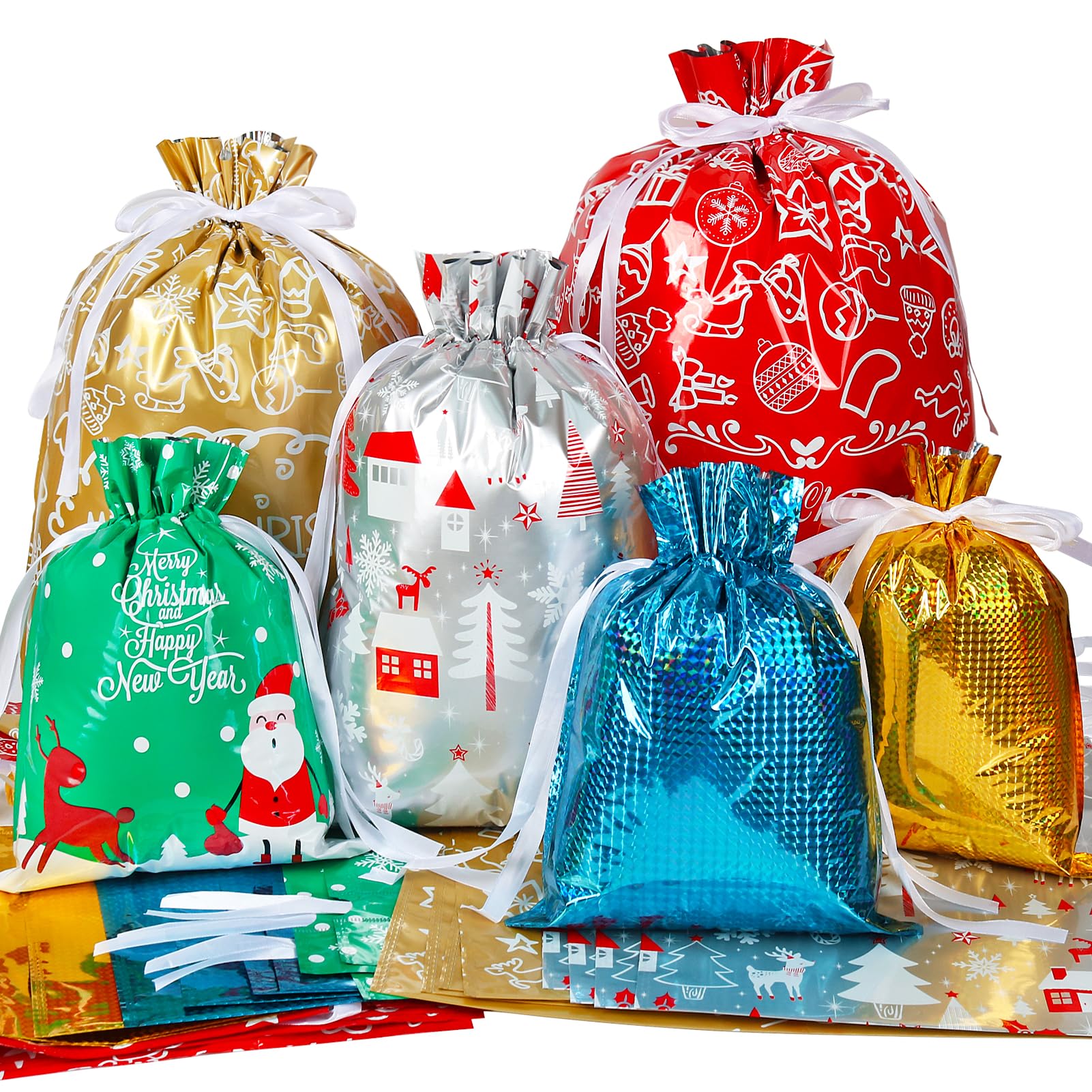 HRX 30-Piece Foil Drawstring Christmas Gift Bags Set - Assorted Sizes for Holiday Presents & Party Favors | Festive Xmas Wrapping Pouches for Gifts, Stocking Stuffers & Secret Santa Exchanges