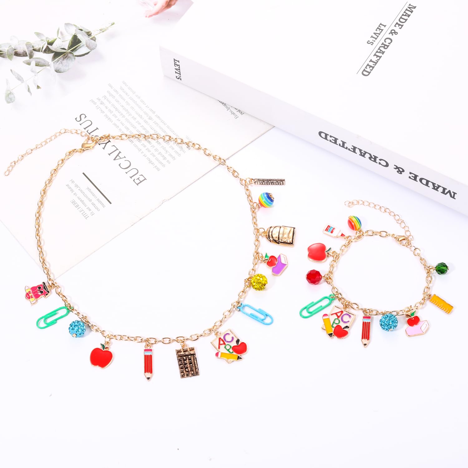 Teacher Jewelry Set - Apple Pencil Book Charm Necklace Earrings Bracelet for Women, Back to School Gifts