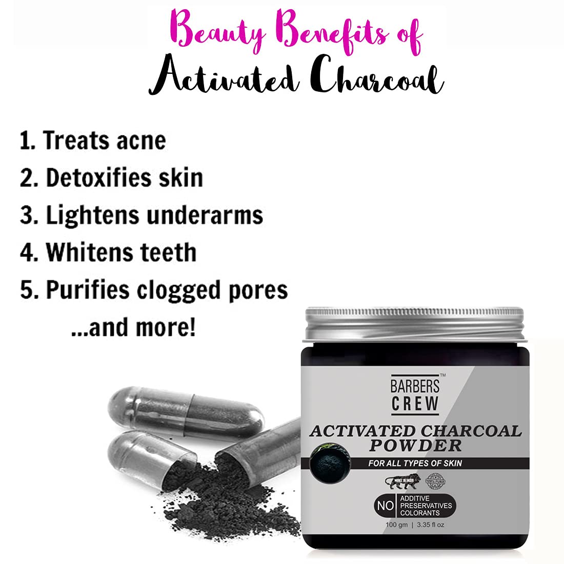 Barbers Crew Activated Charcoal Powder for Face & Body - 100g Detoxifying Skin Care Treatment, Exfoliates Dead Skin Cells | Perfect for Deep Cleansing, Blackhead Removal & Spa Days