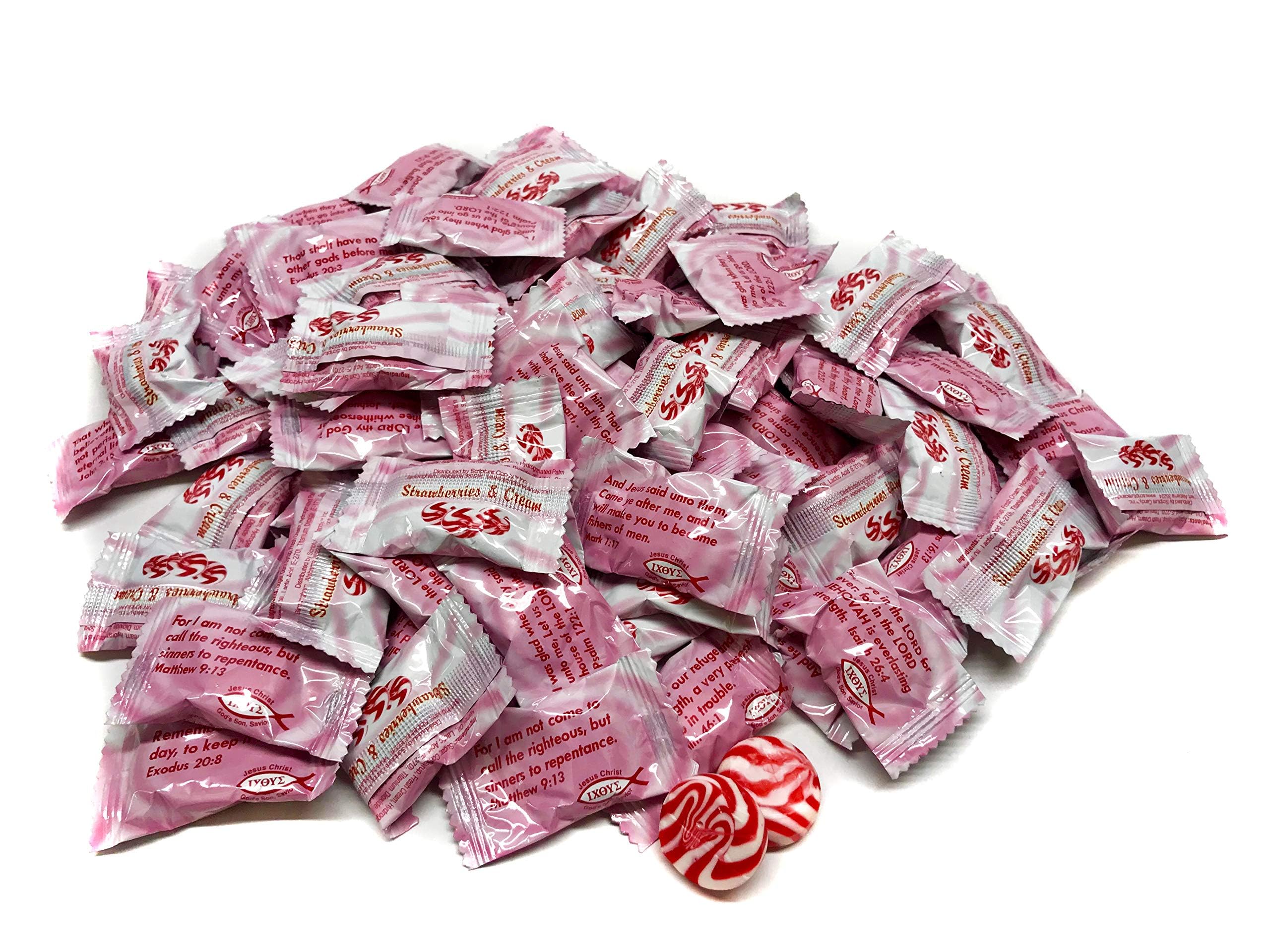 Scripture Candy - Strawberries & Cream Hard Candy 1 Pound Bag (75 Pieces) - Perfect for Church Events, Bible Study Snacks & Christian Gift Giving