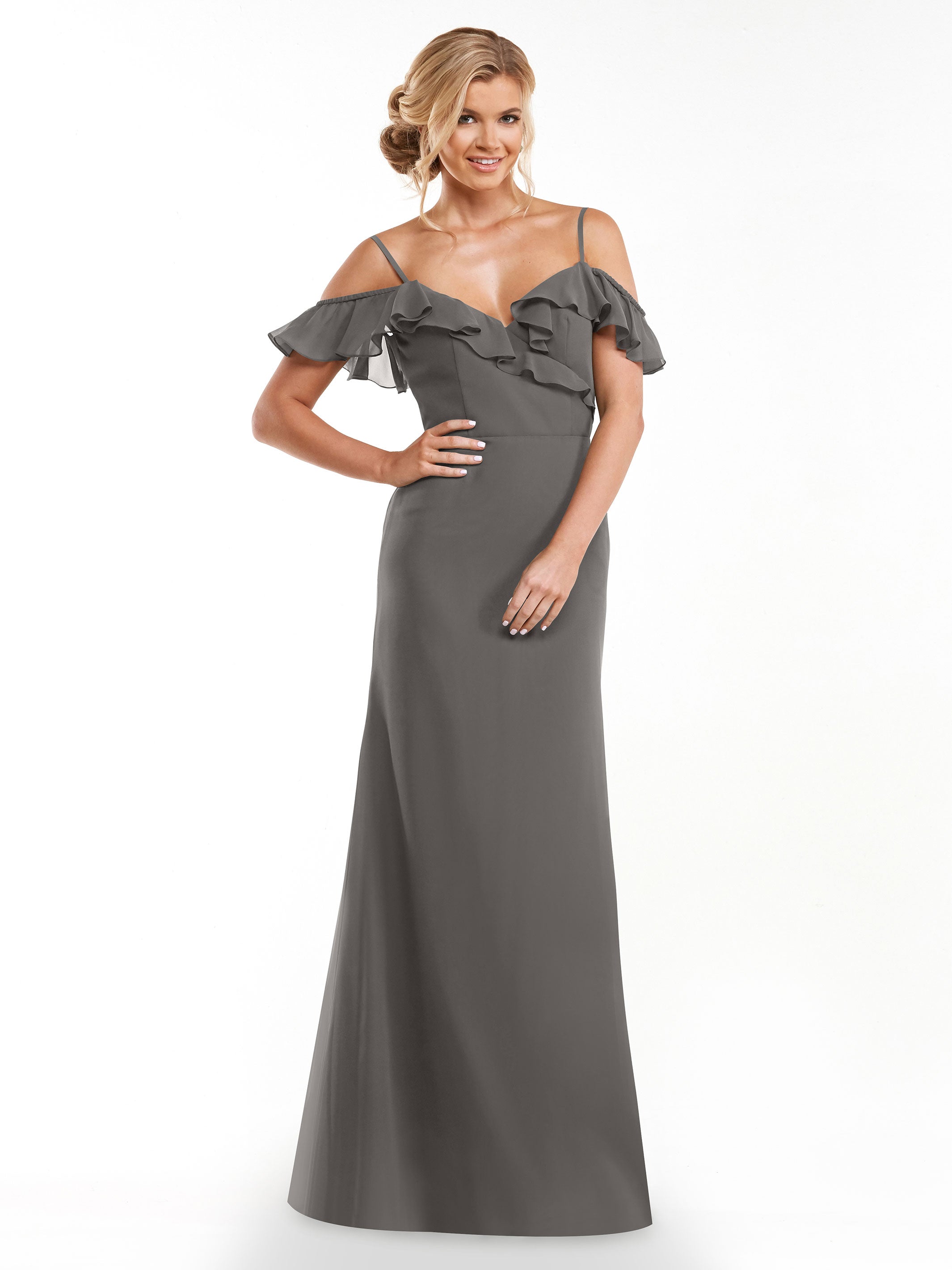 Elegant 80172 Chiffon Off-The-Shoulder A-Line Bridesmaid Dress with Ruffled Neckline - Perfect for Weddings, Formal Events & Special Occasions