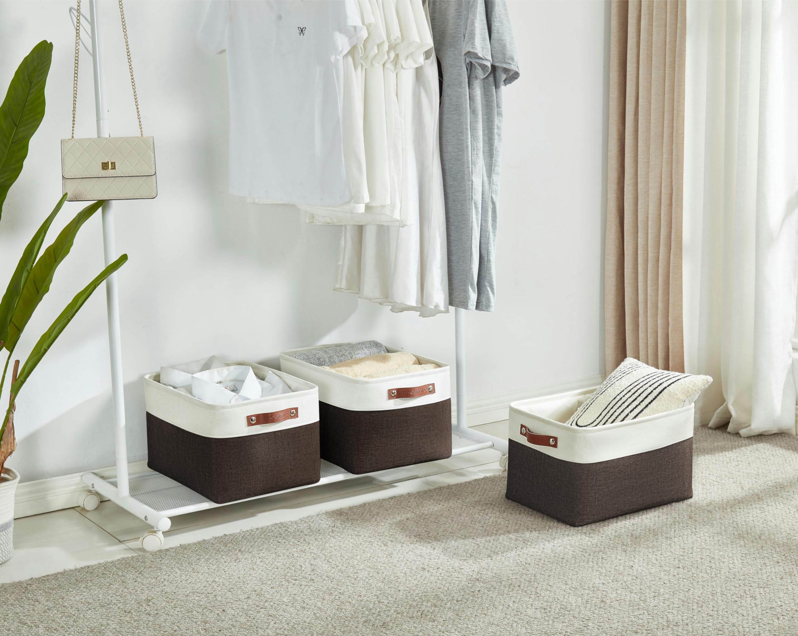 DECOMOMO Fabric Storage Bins - 3 Pack XL Woven Baskets for Shelves, Closet & Toy Organization | Linen, Nursery & Home Decor (Brown & White) - Perfect for Bedroom, Playroom & Pantry Storage