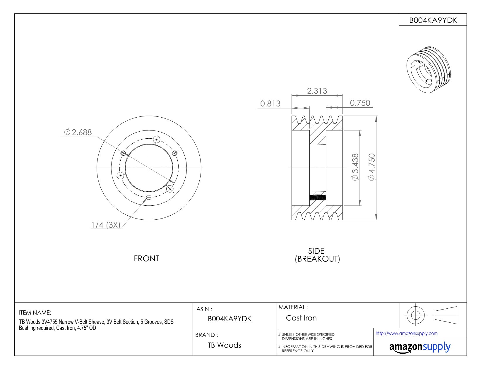 3V605 Narrow V-Belt Sheave - 3V Belt Section, 5 Grooves, Cast Iron Pulley with 6