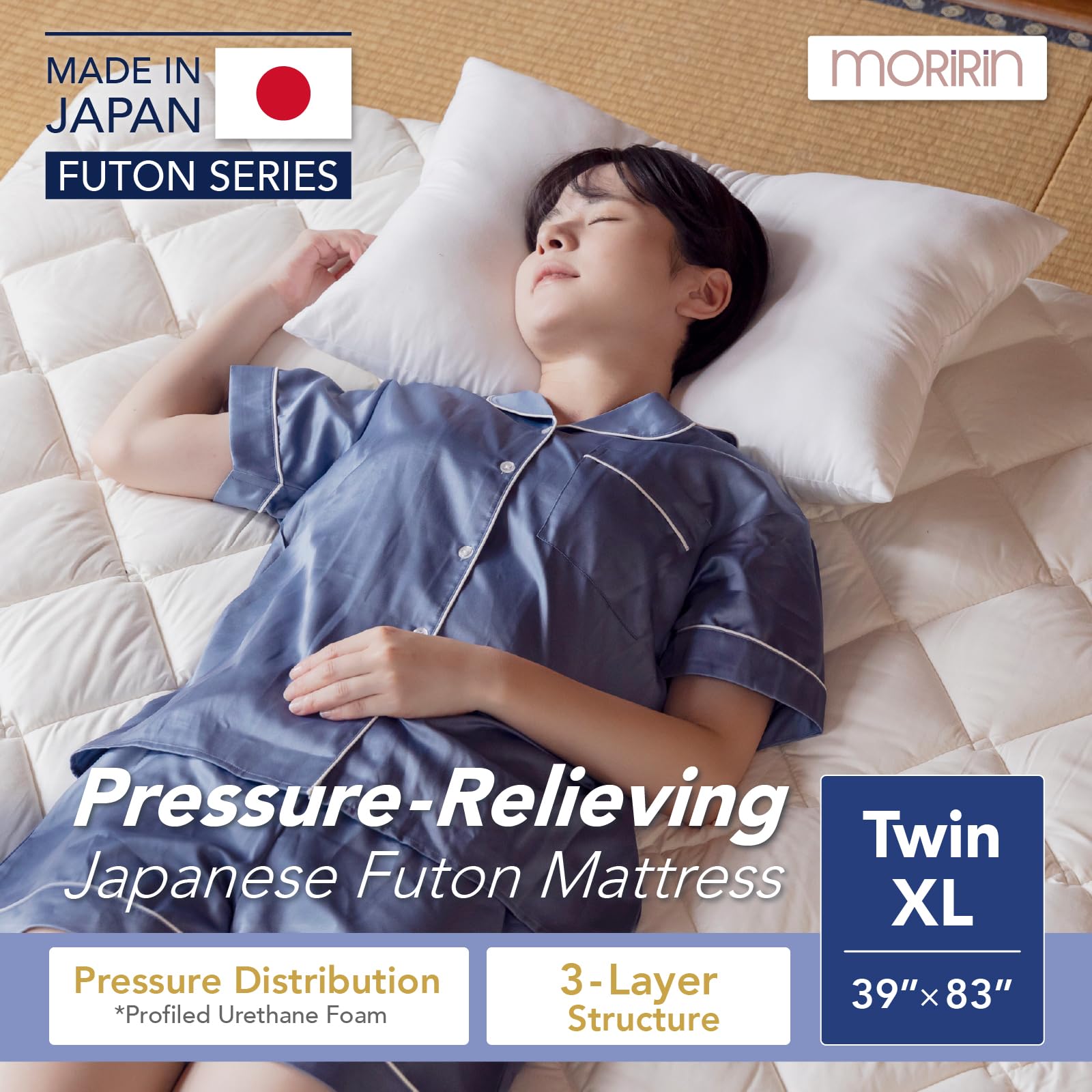 Premium Japanese Floor Futon Mattress (Shikibuton) - Twin XL Size, Body Pressure Relief, 100% Made in Japan - Perfect for Small Spaces, Guest Rooms & Minimalist Living