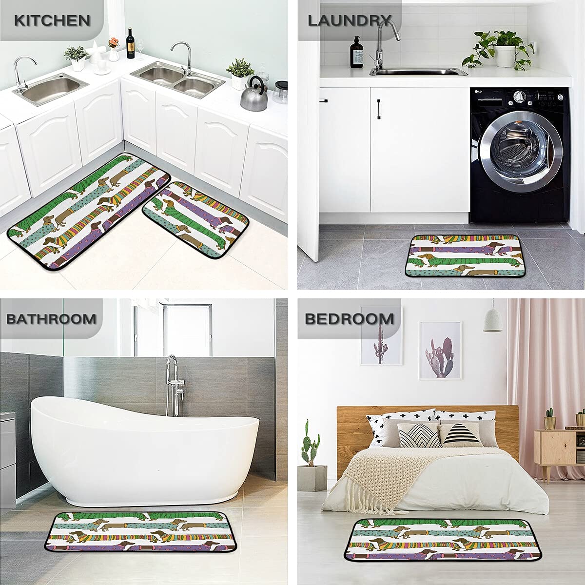 Non-Slip Cartoon Dachshund Dog Kitchen Rugs Set of 2 - Washable Runner Mats for Kitchen, Living Room Floor Decor - Perfect for Pet Lovers' Homes & Cozy Spaces