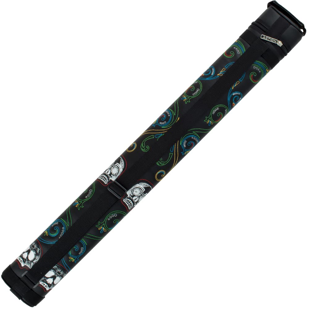 Action Calavera 2 Butt 2 Shaft Hard Pool Cue Case - Sugar Skull Embroidered Design with Two Storage Pockets for Jump Butt | Durable Billiard Stick Holder for Professional & Home Use | Perfect for Pool Halls, Game Rooms & Tournament Play